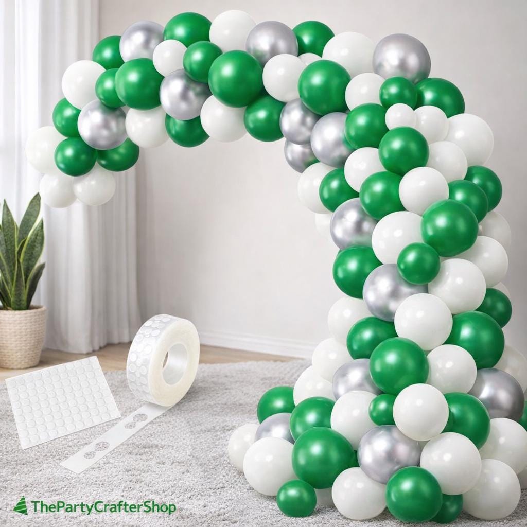 Dark Green White Silver Balloon Arch Garland Kit, Birthday Party Decor