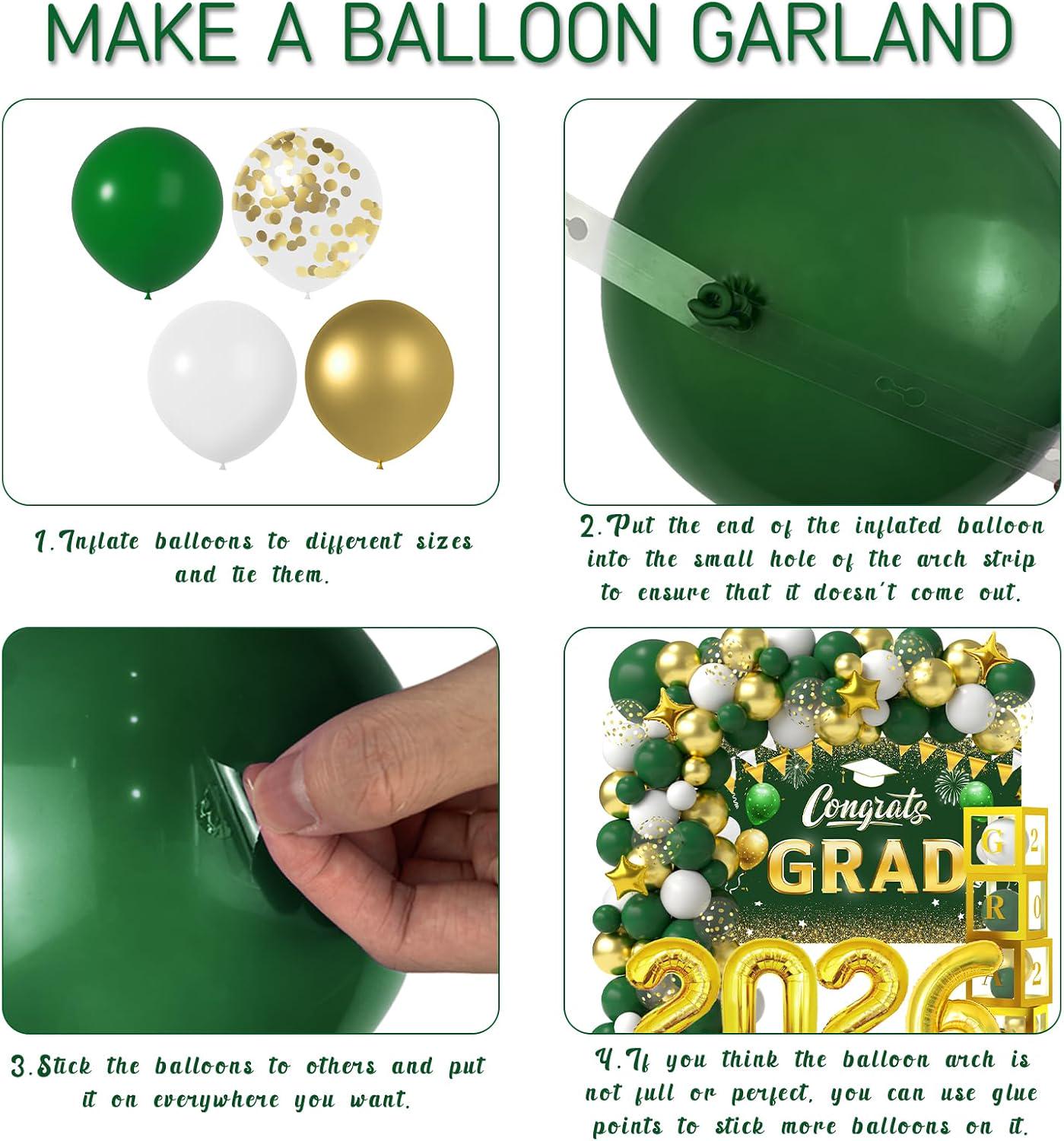Graduation Balloon Arch Kit, Green Gold Garland, Silver 2026 Foil Numbers, GRAD Box Backdrop