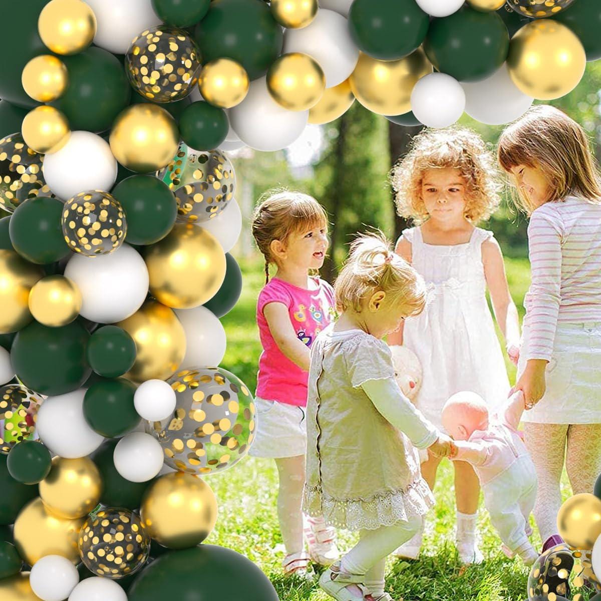 Dark Green Gold Balloon Arch Kit, White Metallic Confetti Garland, Birthday Wedding Decor