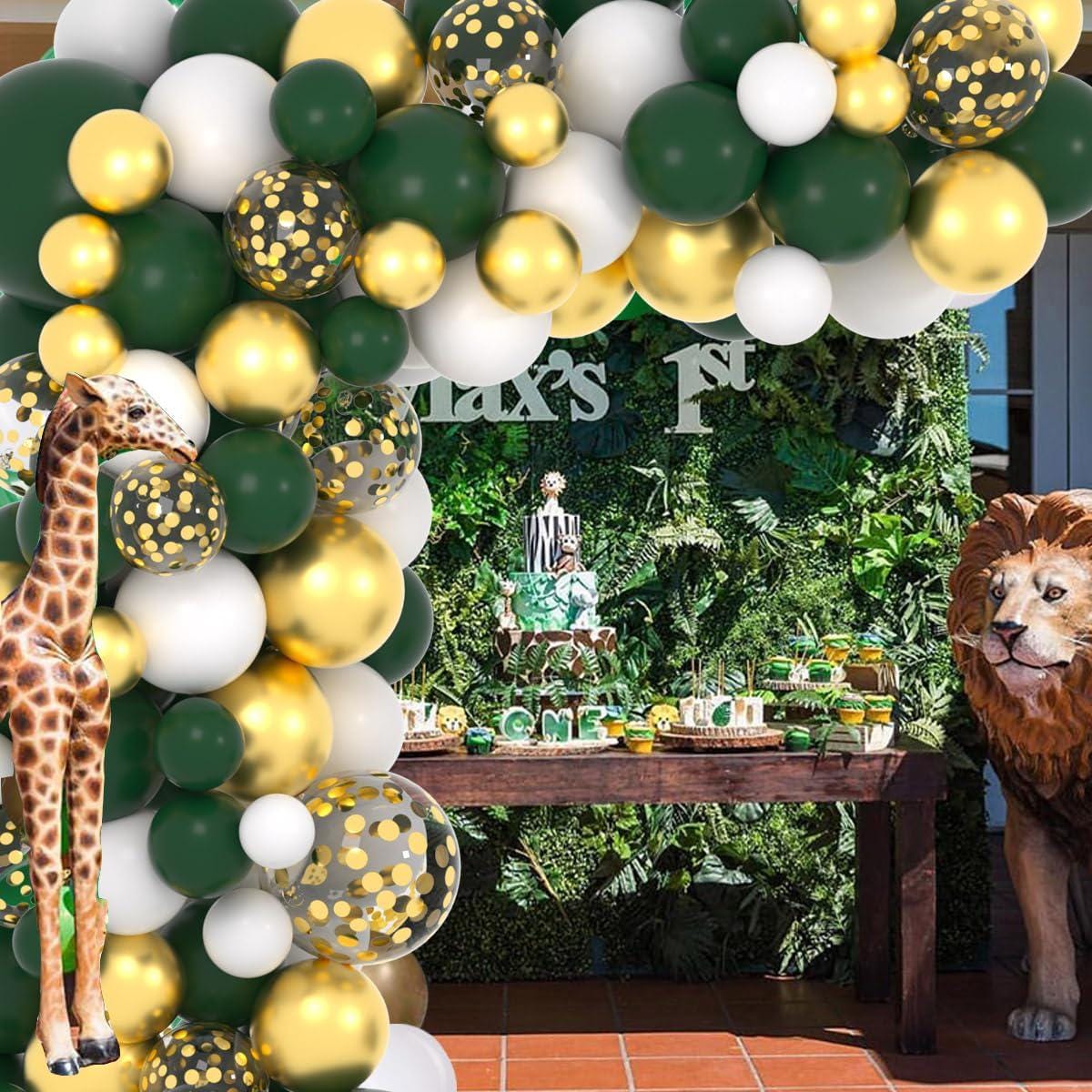 Dark Green Gold Balloon Arch Kit, White Metallic Confetti Garland, Birthday Wedding Decor