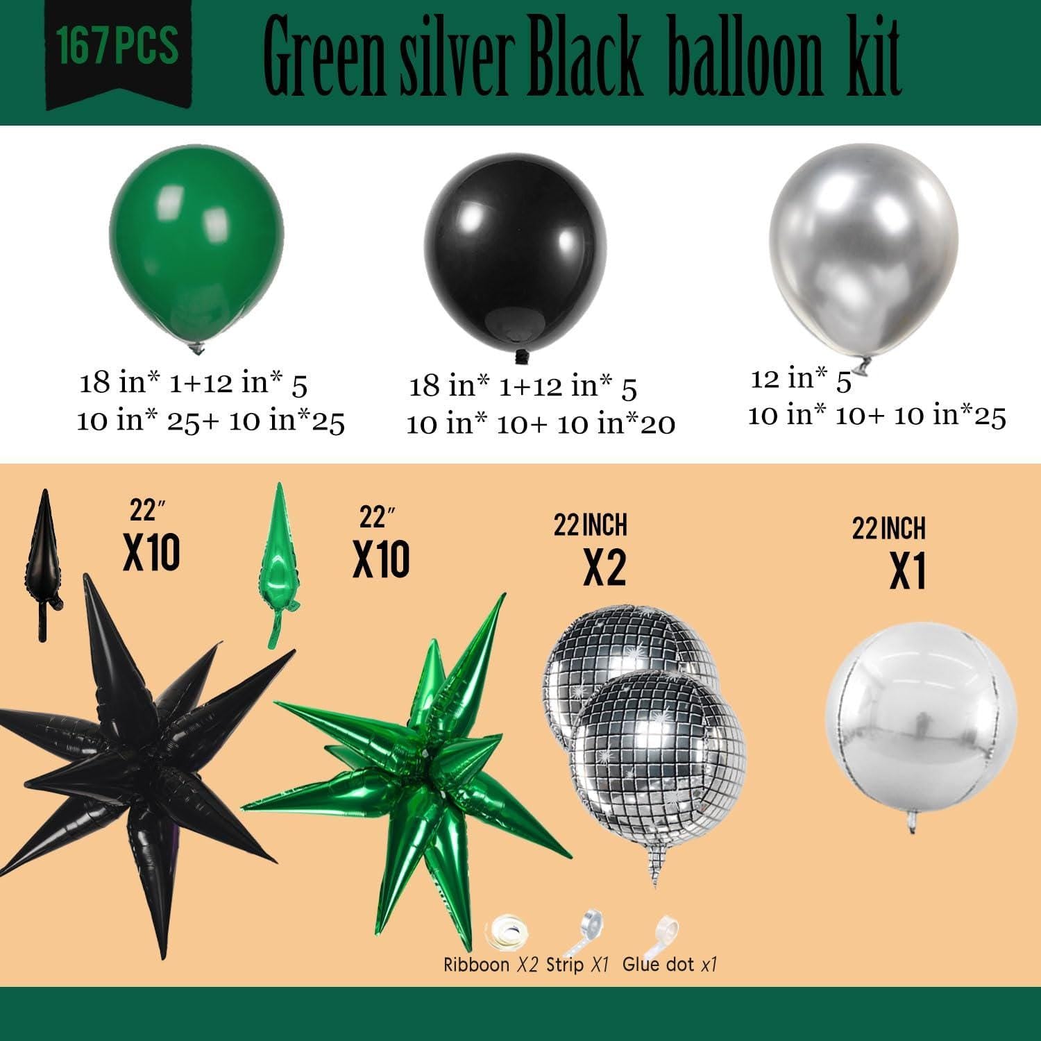 Dark Green Black Silver Balloon Arch Kit, Disco Ball Star Garland, Graduation Party Decoration
