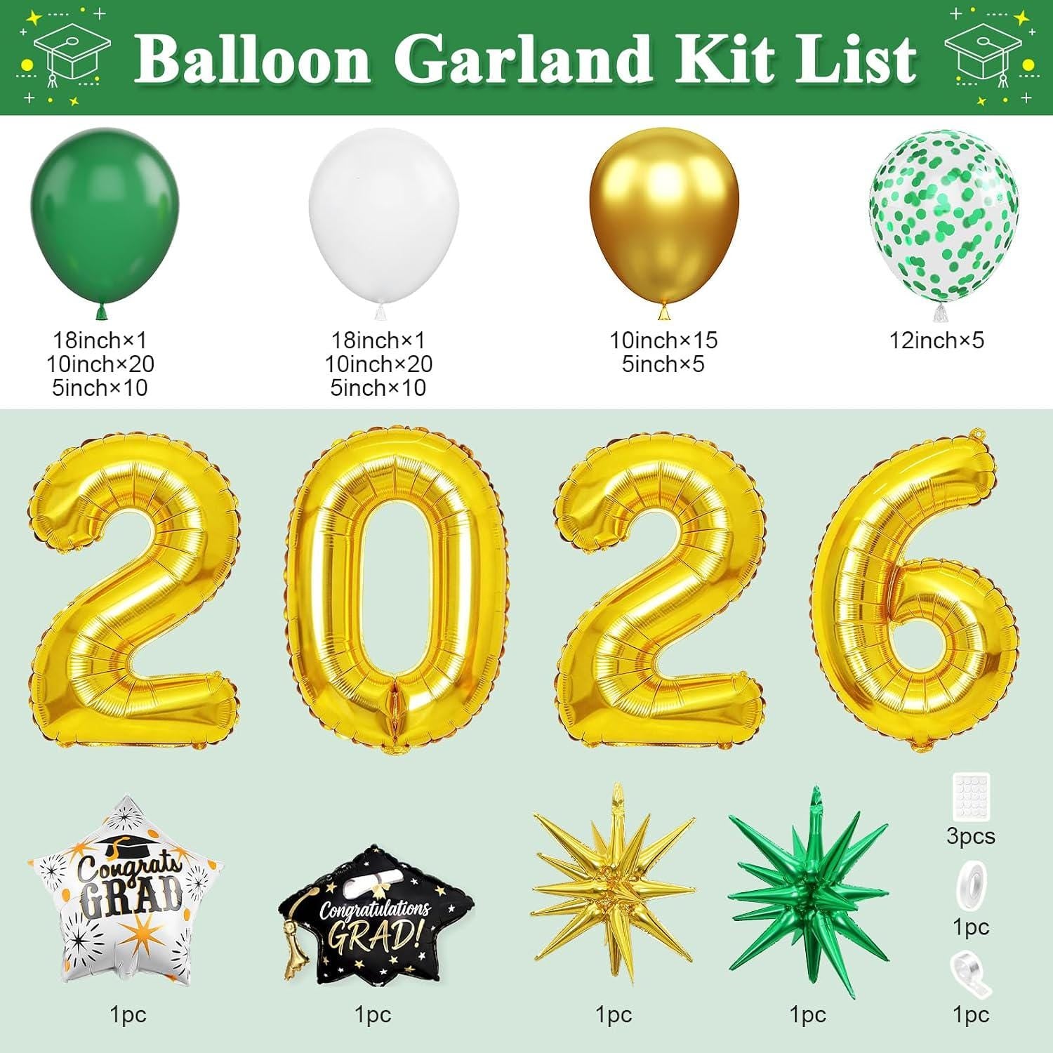 Green Gold Graduation Balloon Arch Kit, Class of 2026 Garland, Foil Star Party Decor