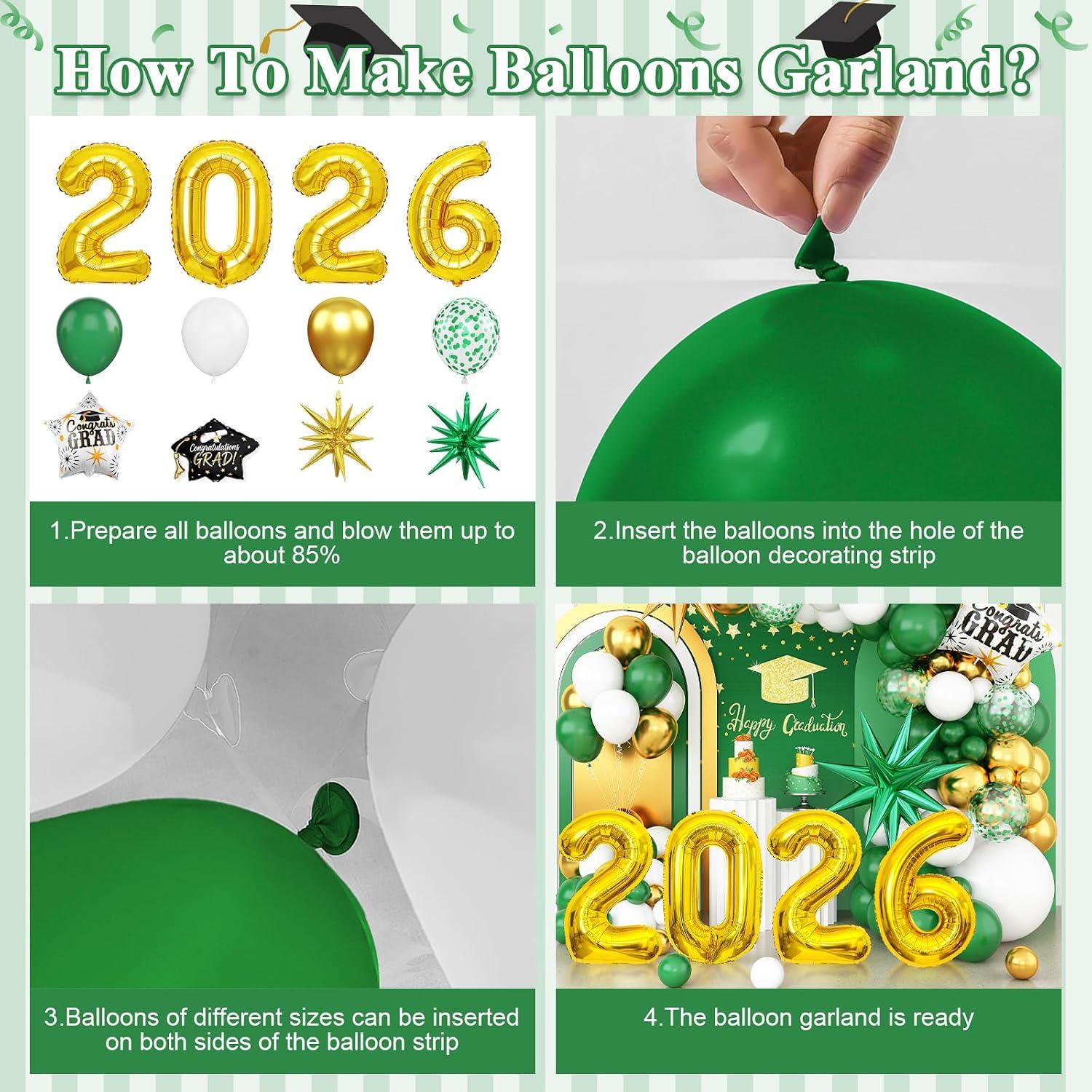Green Gold Graduation Balloon Arch Kit, Class of 2026 Garland, Foil Star Party Decor