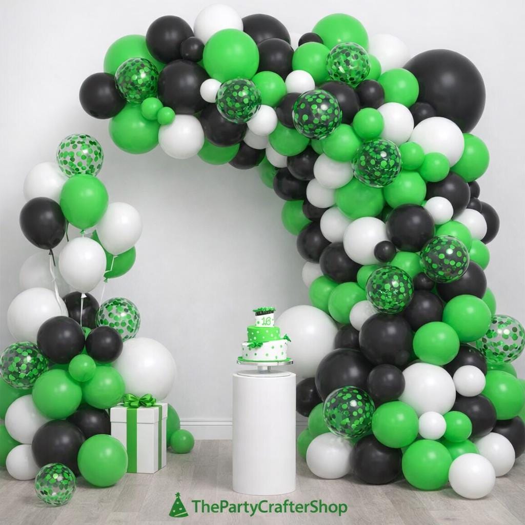 Green Black White Balloon Arch Kit, Video Game Jungle Party Garland