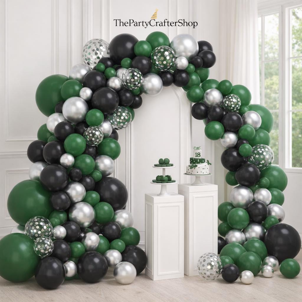 Dark Green Black Silver Balloon Arch Garland Kit, Sports Birthday Party Decor