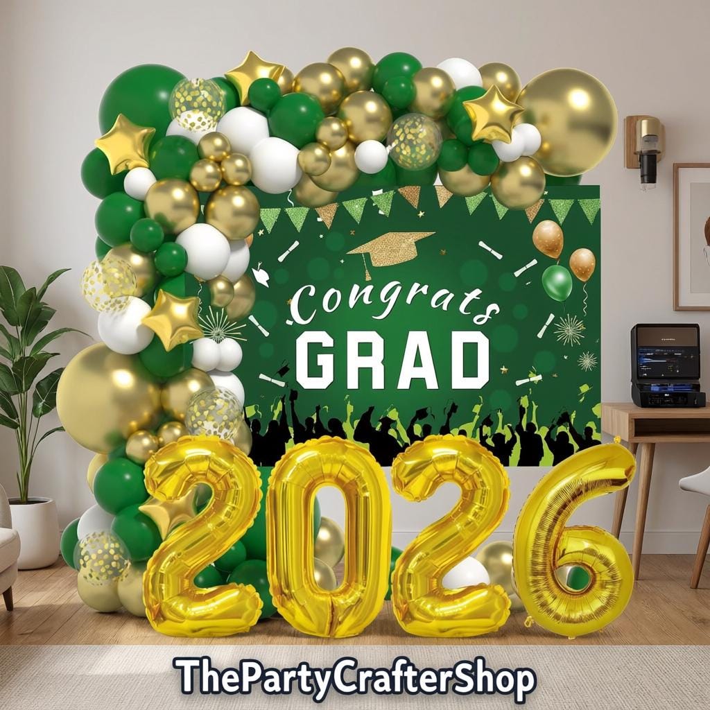 Class of 2026 Graduation Balloon Arch Kit, Green Gold Congrats Grad Party Backdrop Decorations