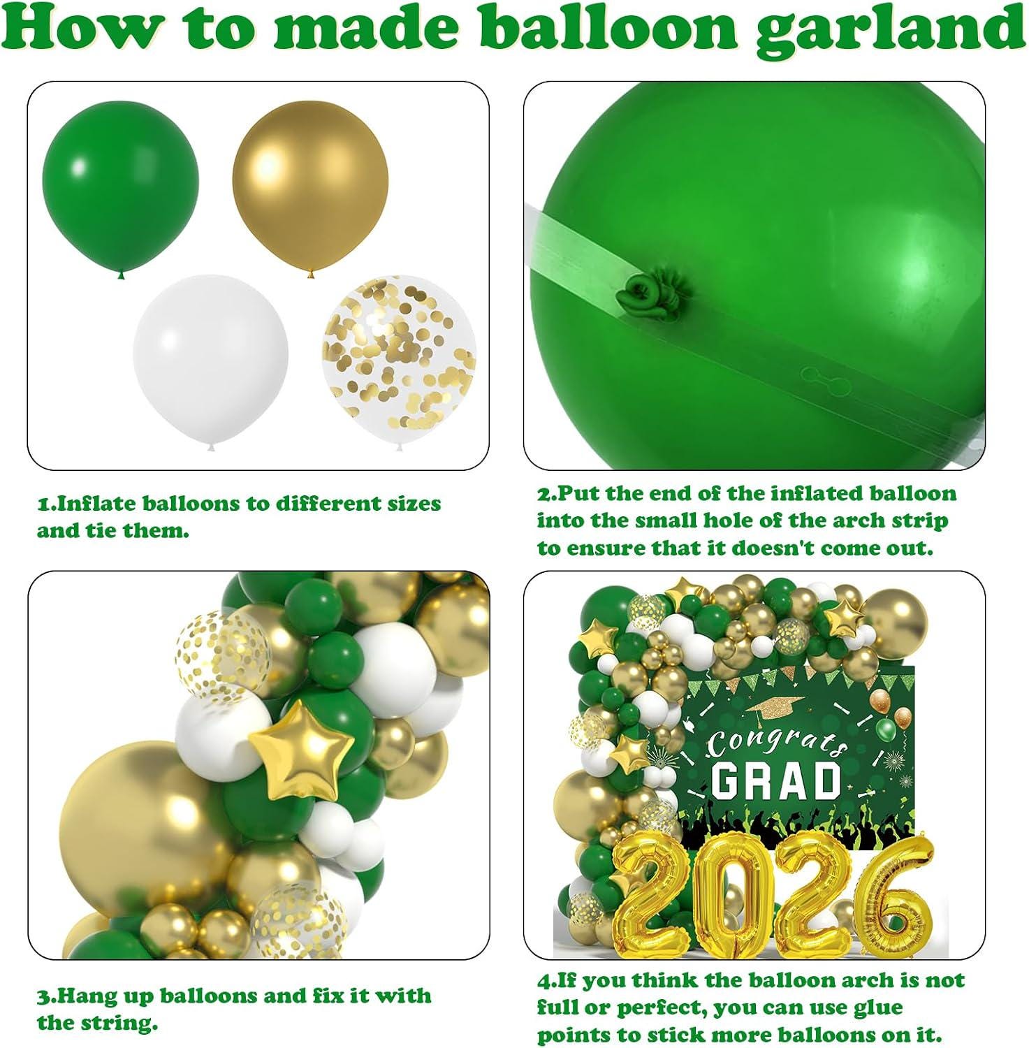 Class of 2026 Graduation Balloon Arch Kit, Green Gold Congrats Grad Party Backdrop Decorations
