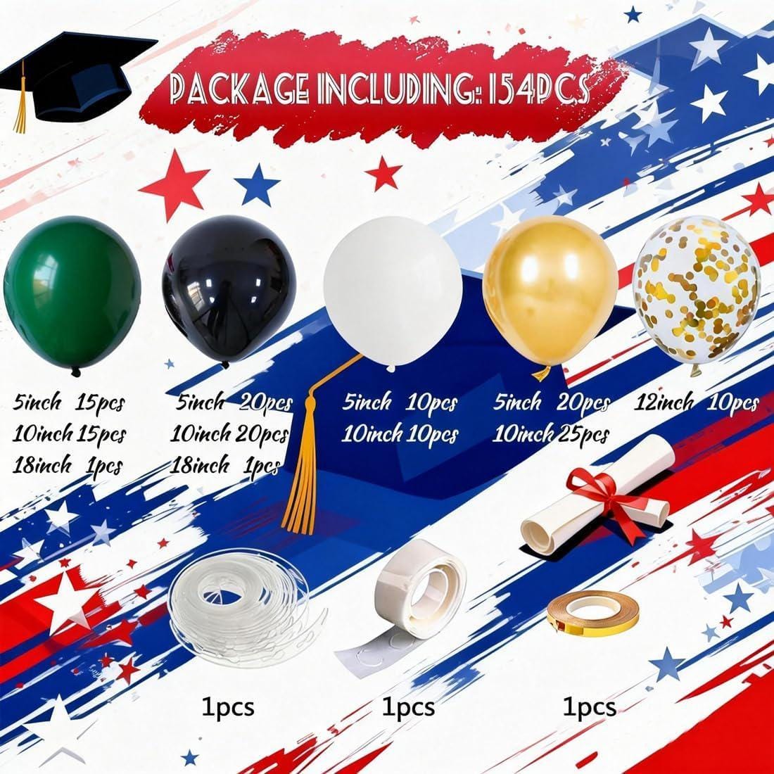 Green Black White Balloon Arch Kit, Gold Confetti Garland, Graduation Party Decoration