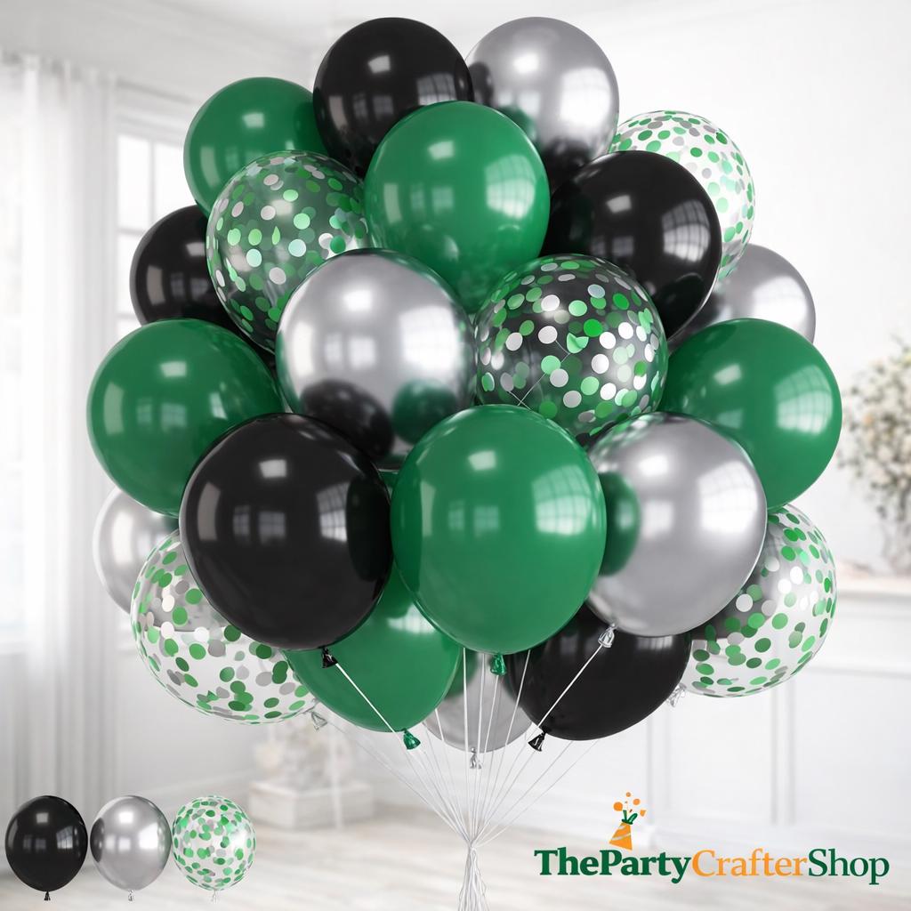 35Pcs Green Black Silver Balloons, Dark Green Confetti Party Decor