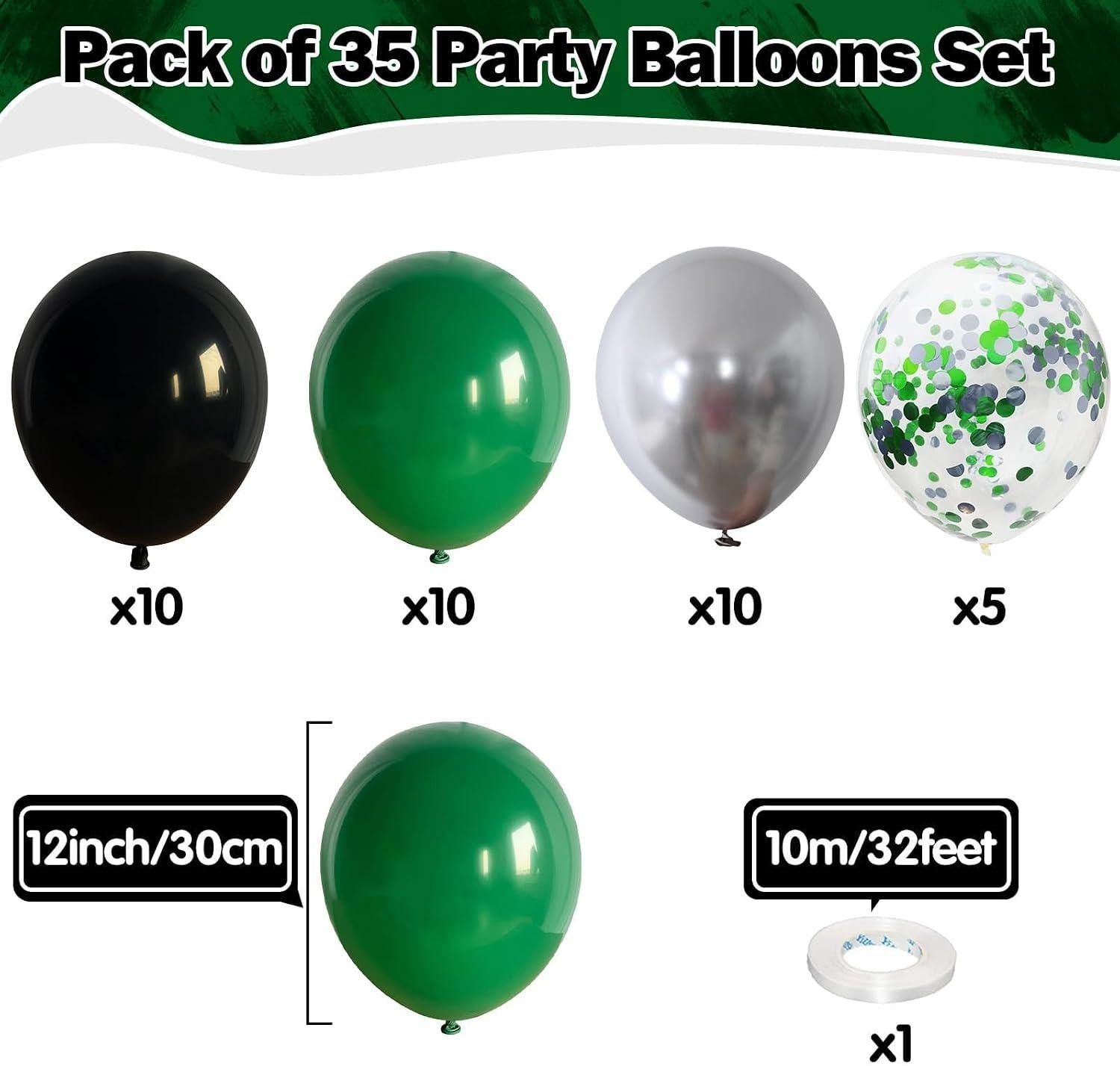 35Pcs Green Black Silver Balloons, Dark Green Confetti Party Decor