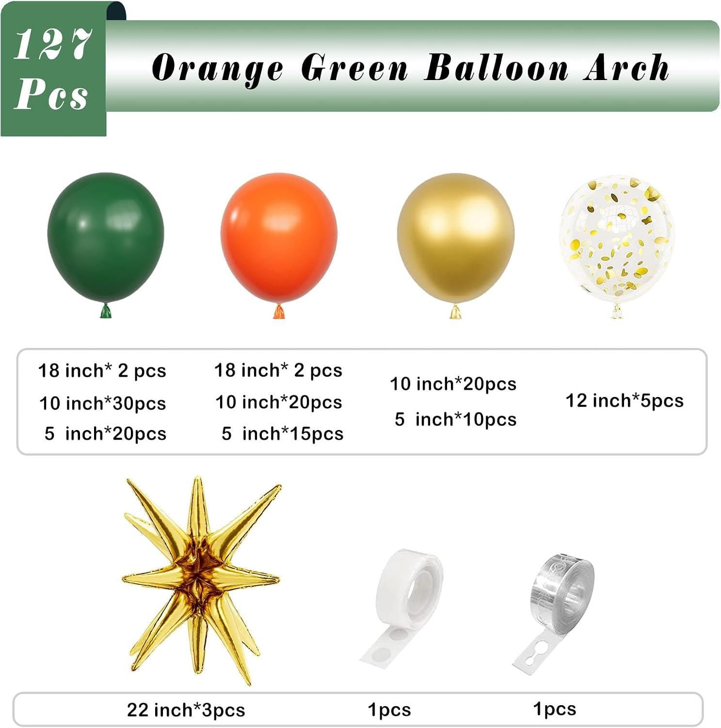 Orange Green Balloon Arch Kit, Metallic Gold Star Garland, Party Decor