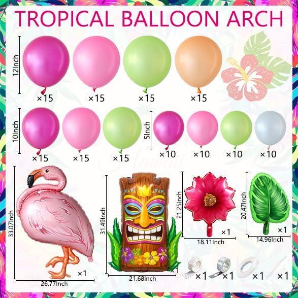 Hawaiian Tropical Balloon Arch Kit | Tiki Flamingo Palm Leaf Luau Garland Summer Birthday Decor