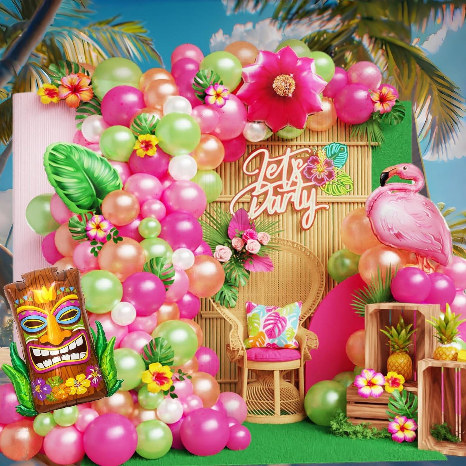 Hawaiian Tropical Balloon Arch Kit | Tiki Flamingo Palm Leaf Luau Garland Summer Birthday Decor