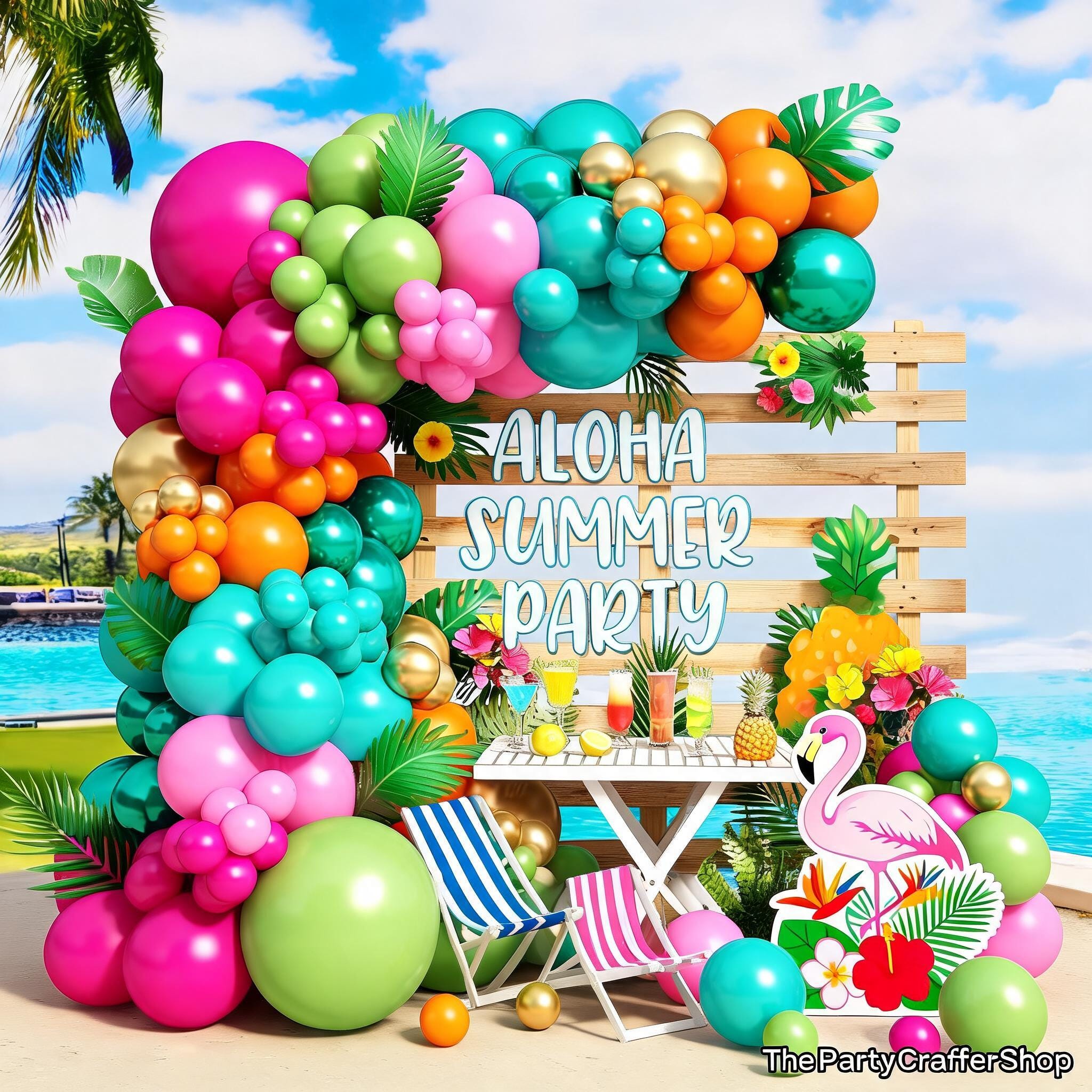 Tropical Luau Balloon Garland Kit | Pink, Olive, Orange, Teal, Gold Summer Arch