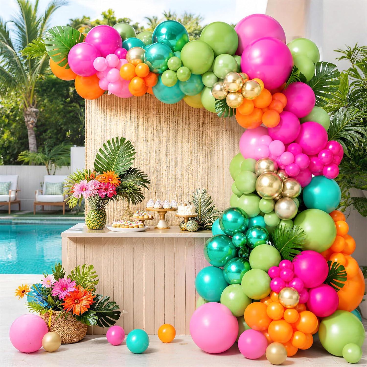 Tropical Luau Balloon Garland Kit | Pink, Olive, Orange, Teal, Gold Summer Arch