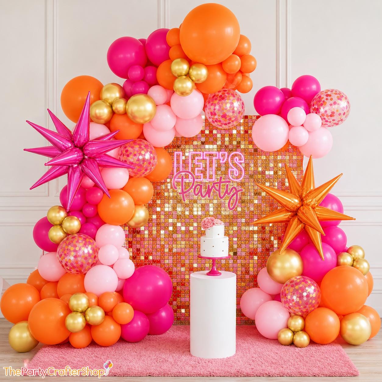 Pink Orange Balloon Garland Kit | Hot Pink Gold Arch, Star Foil Summer Party Decor