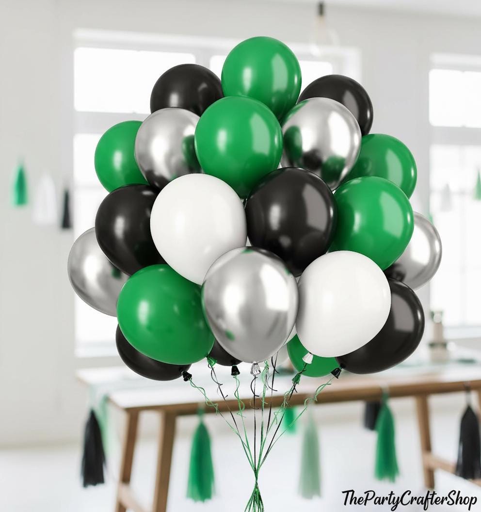 Green Black White Metallic Silver Balloon Set, Graduation Party Supplies