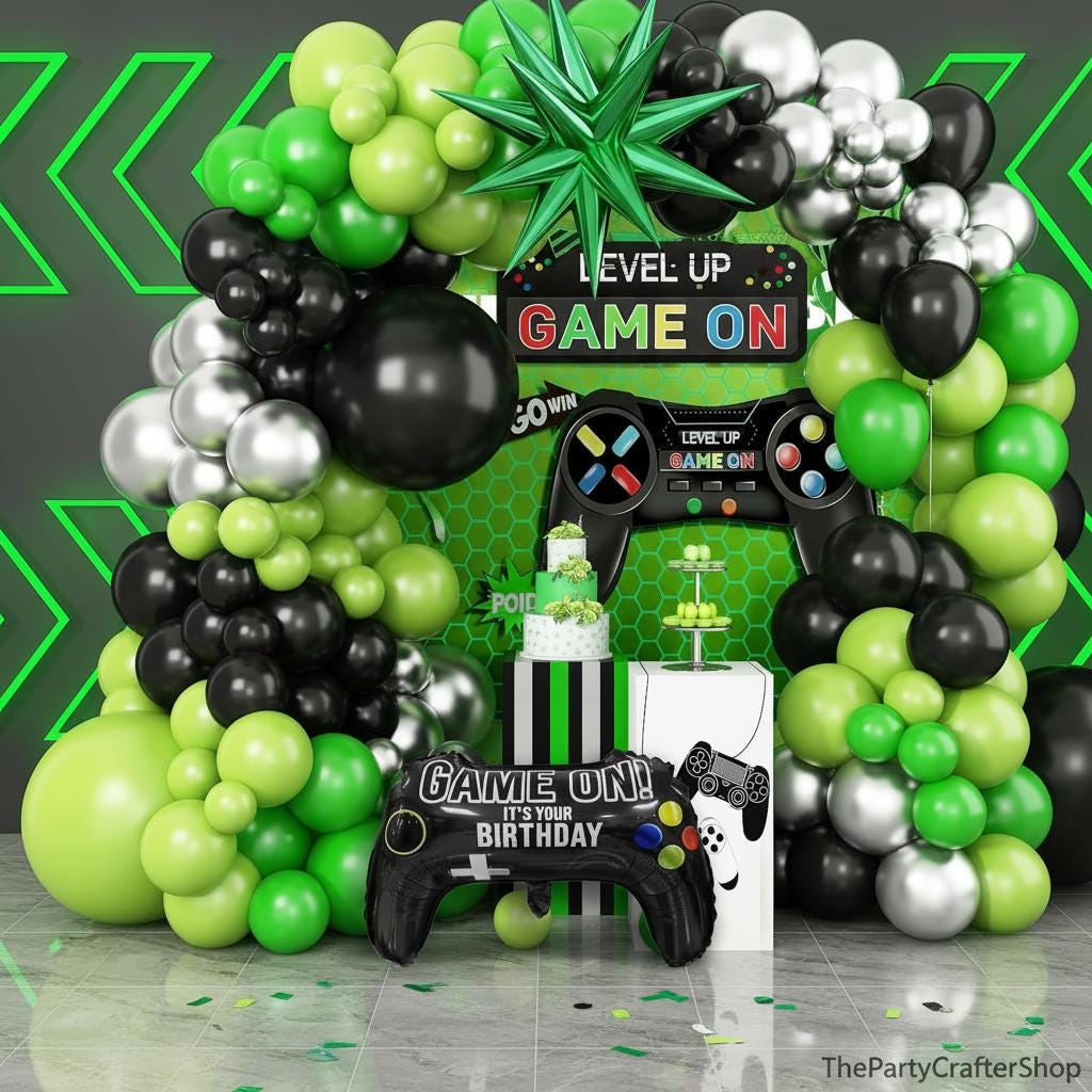 Video Game Balloon Arch Kit, Green Silver Garland, Controller Foil Balloons, Boys Birthday Party Decor