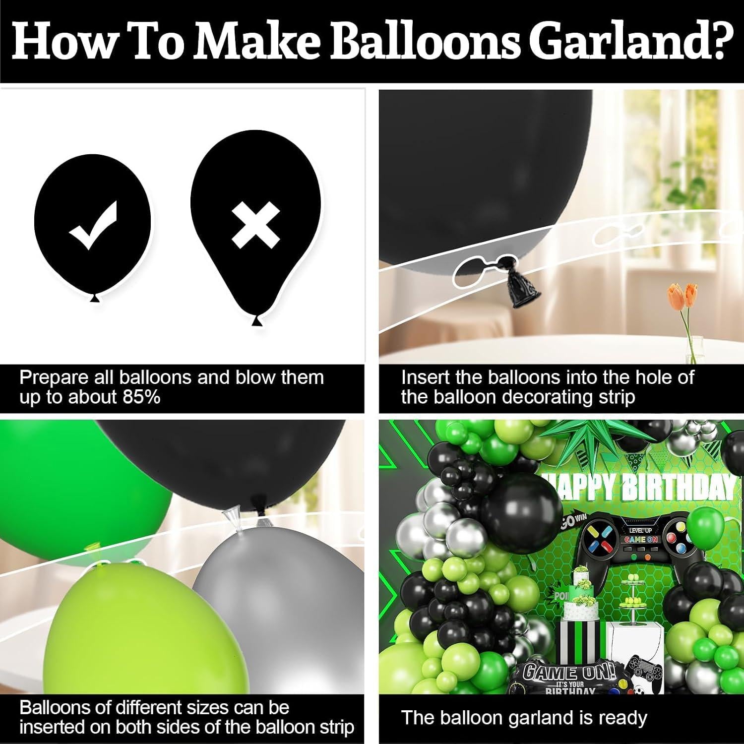 Video Game Balloon Arch Kit, Green Silver Garland, Controller Foil Balloons, Boys Birthday Party Decor