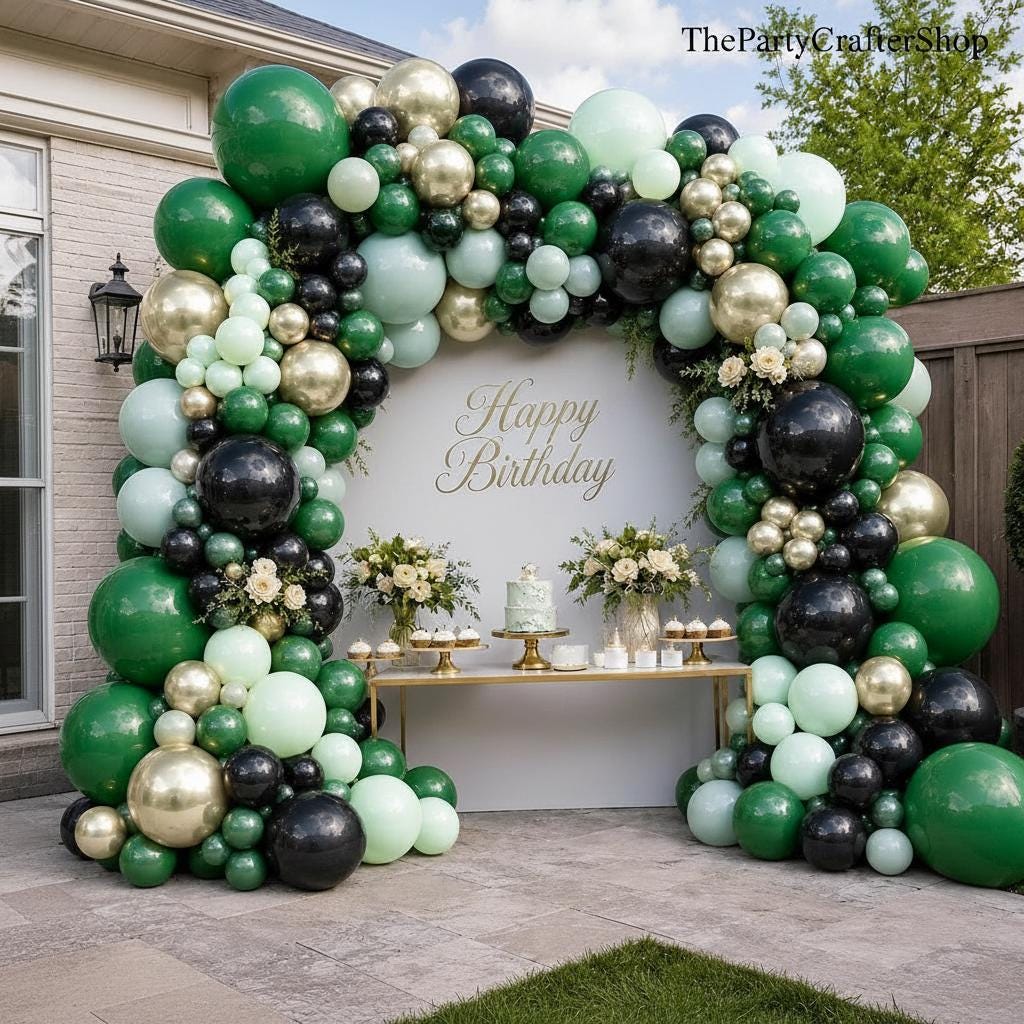 Dark Green Black Gold Balloon Arch Kit, Double Stuffed Sage Olive Garland, Jungle Birthday