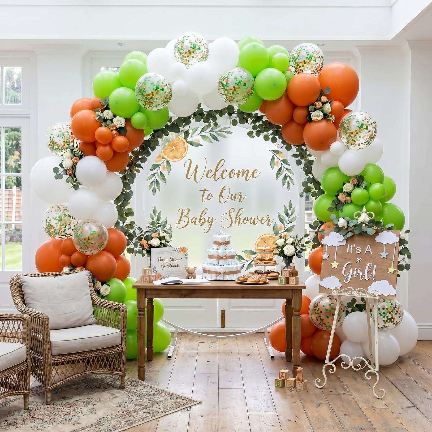 Green Orange White Confetti Balloon Arch Garland Kit, Little Cutie Baby Shower Decoration