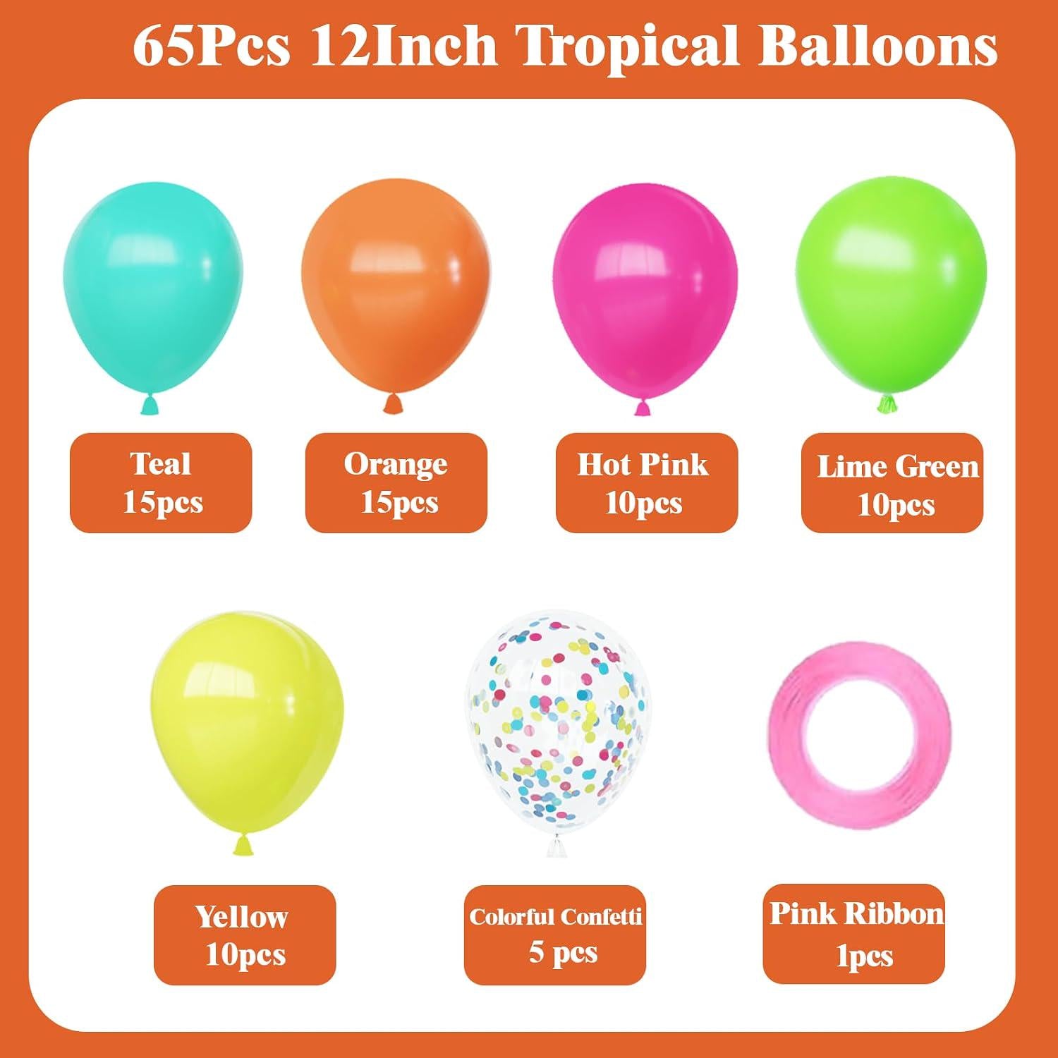 Tropical Hawaiian Balloon Set | Hot Pink, Green, Orange, Yellow, Teal, Blue Summer Party Decorations