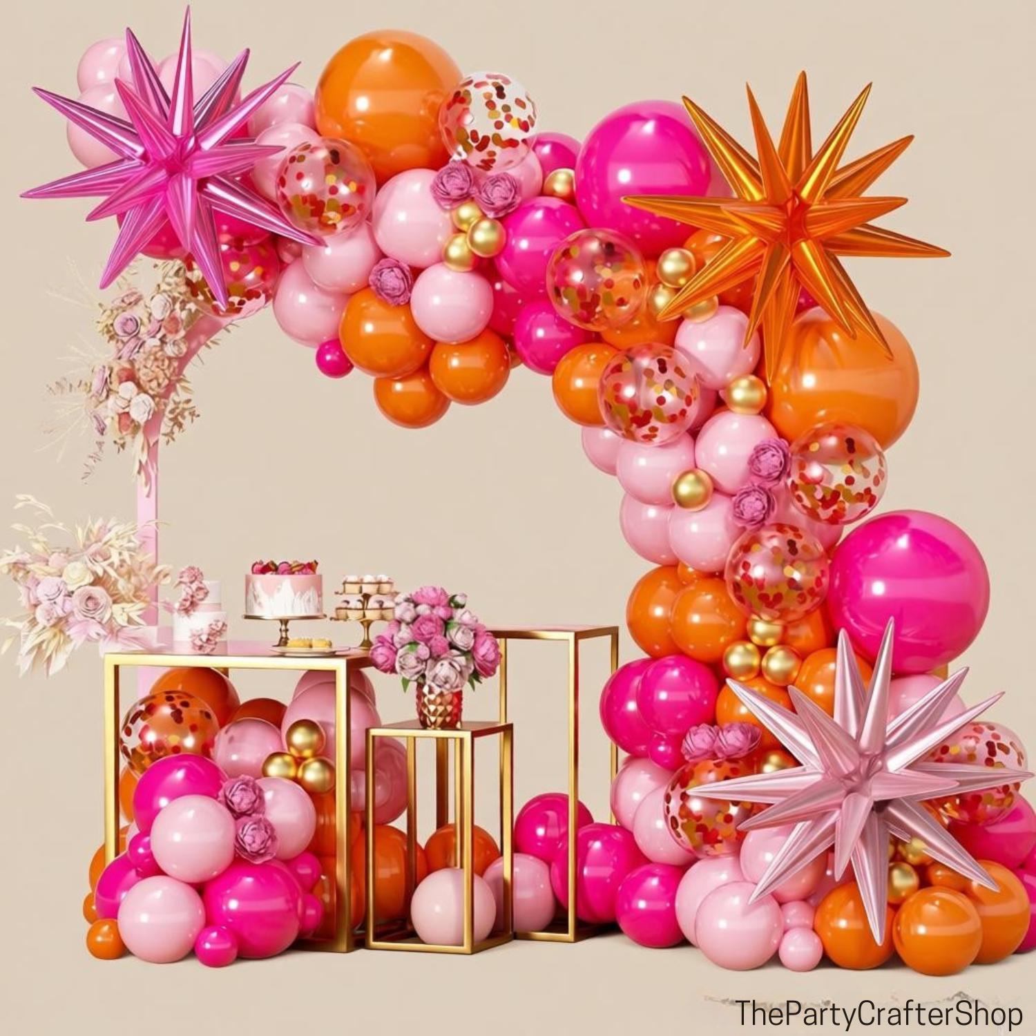 Pink Orange Balloon Garland Kit | Hot Pink Gold Confetti Star Balloons