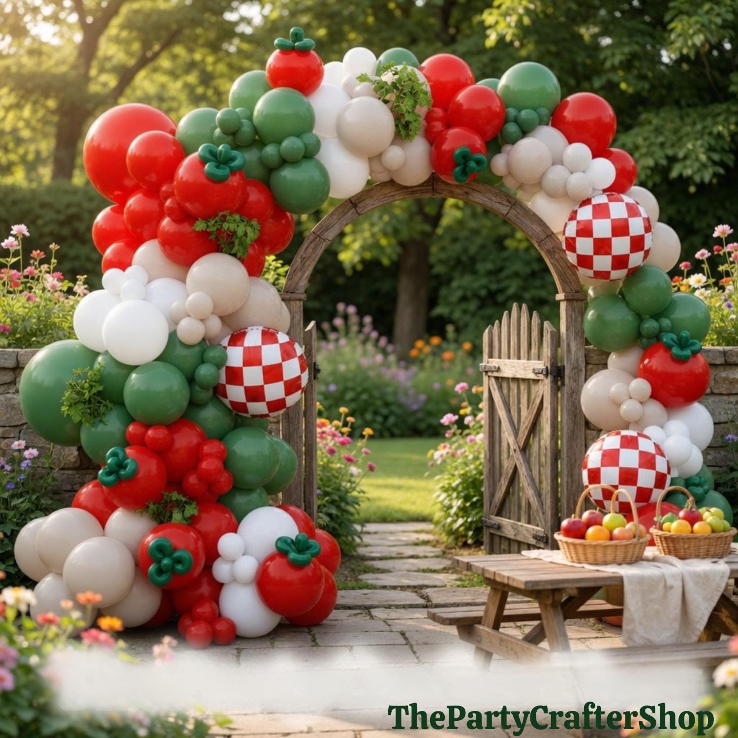 Tomato Balloon Arch Kit | Red Green Garland, Checkered Foil Balloons (146 Pieces)