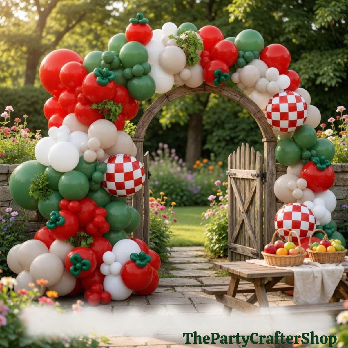 Tomato Balloon Arch Kit | Red Green Garland, Checkered Foil Balloons (146 Pieces)