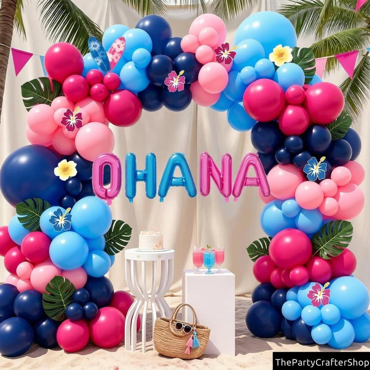 Pink Blue Tropical Balloon Arch Kit | OHANA Hawaiian Party Decor, Palm Leaves, Flowers