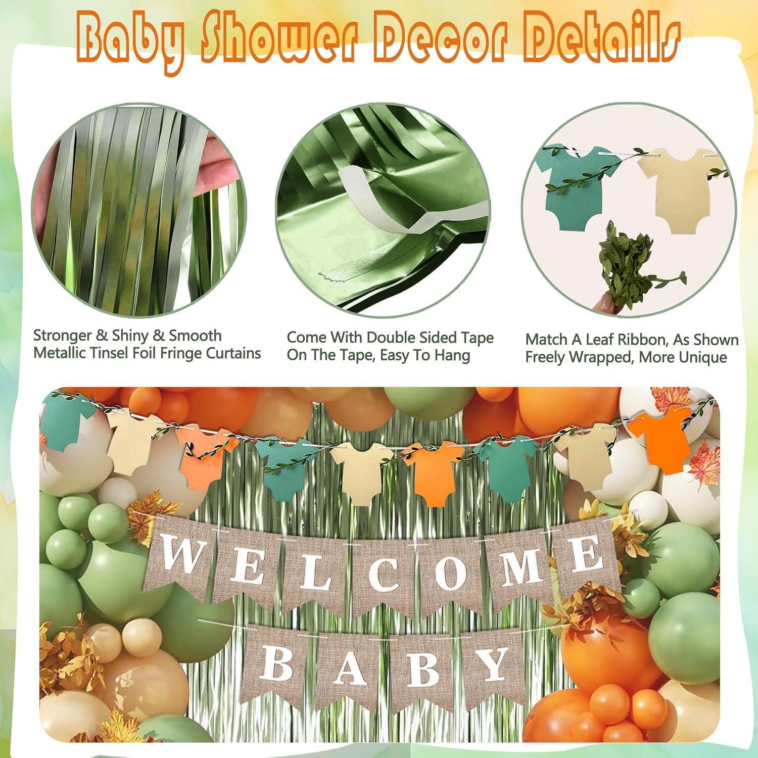 Boho Orange Green Shower Decor Kit, Welcome Banner, Oh Baby Cake Topper