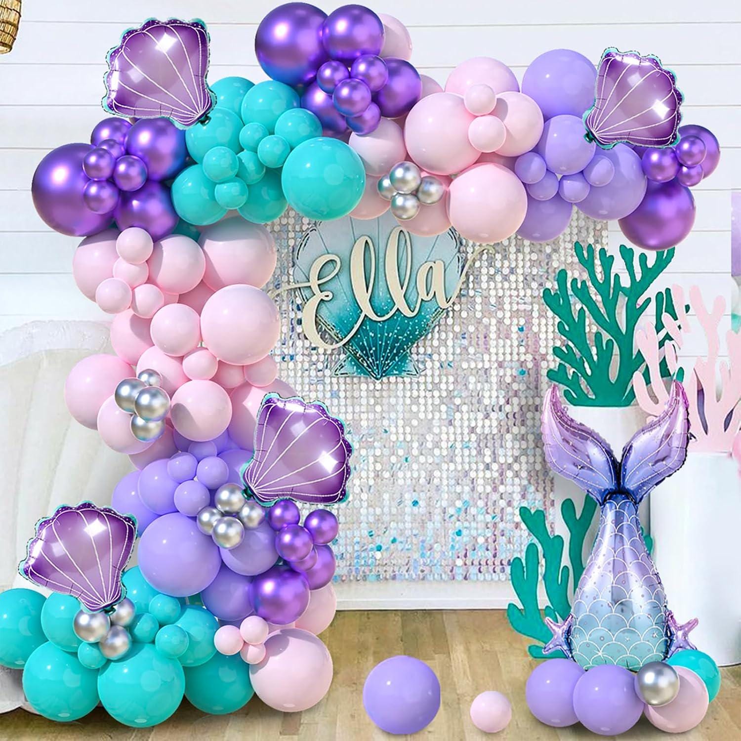 Mermaid Balloon Arch Kit | Pastel Pink Purple Green Garland, Tail Seashell Balloons (Birthday Party)