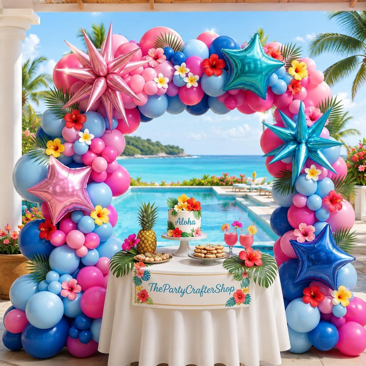 Blue Pink Balloon Arch Kit | Star Balloons, Aloha Baby Shower, Hawaiian Birthday Party