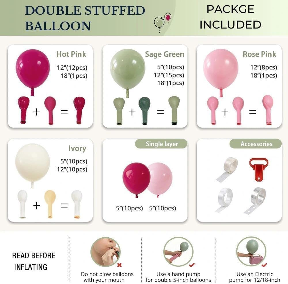 Hot Pink Sage Green Balloon Arch Kit | Double Stuffed Magenta Olive Ivory Balloons