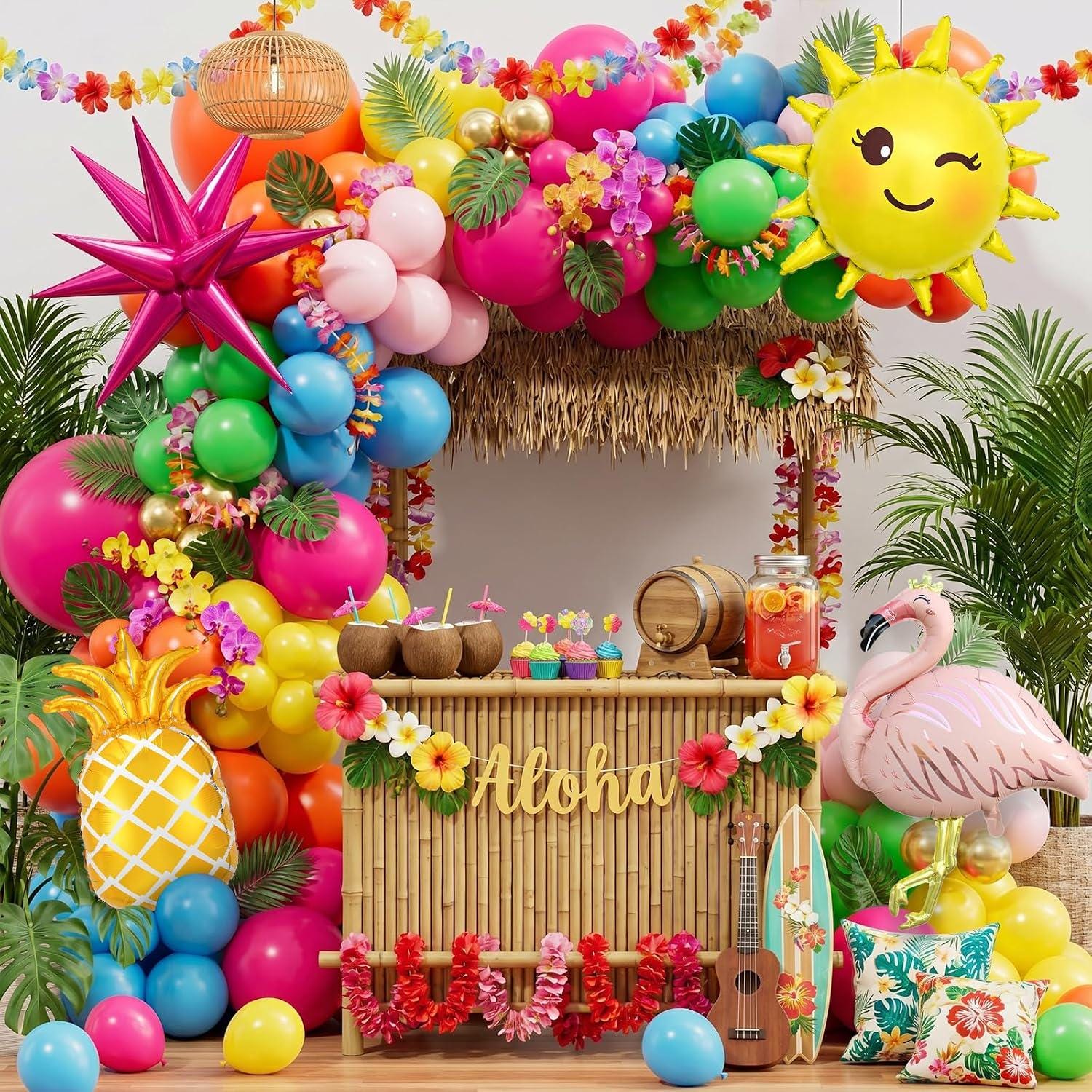 Tropical Flamingo Balloon Arch Kit | Luau Garland with Pineapple, Palm Leaves