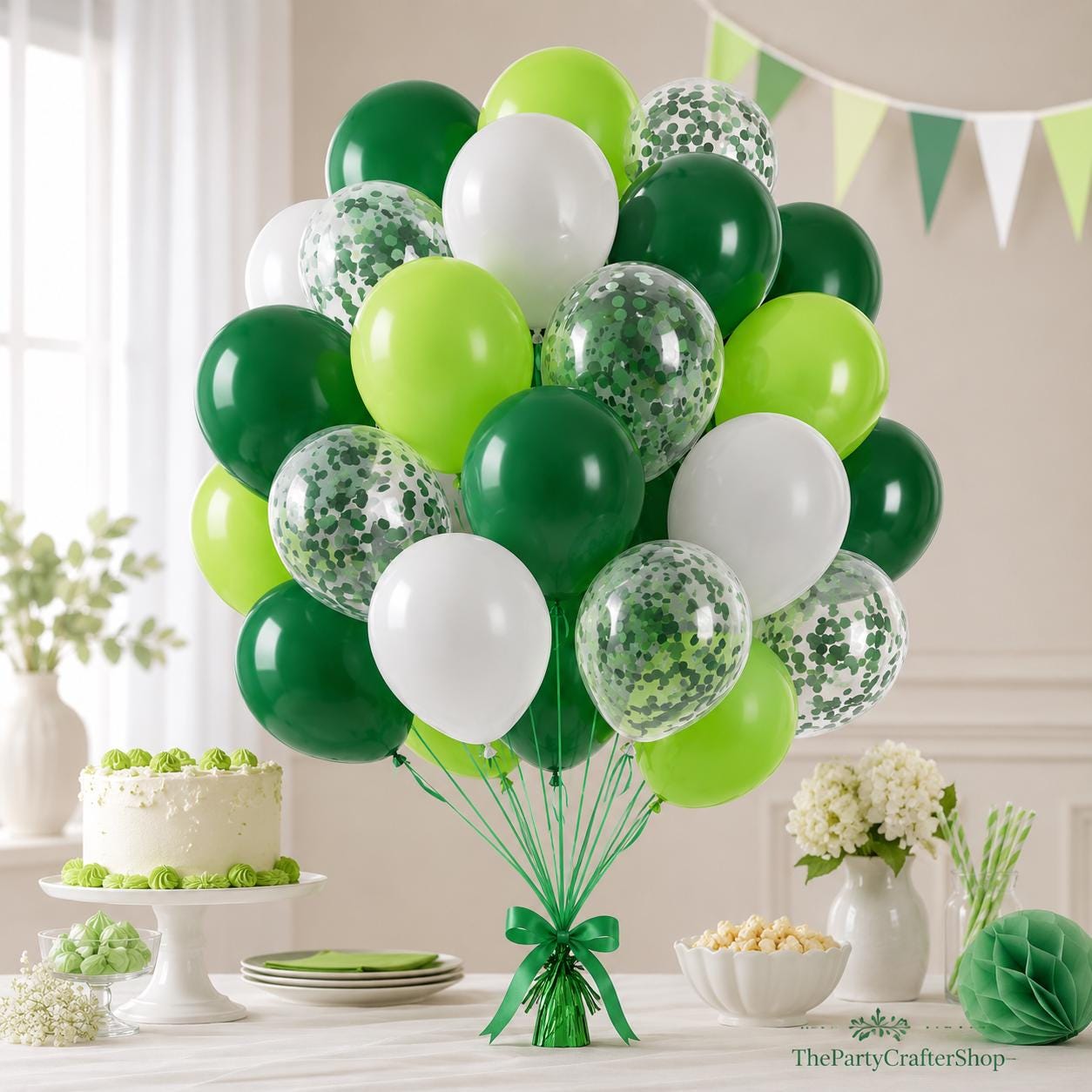 Green Balloon Set, Lime, Dark Green, White Confetti Party Decor