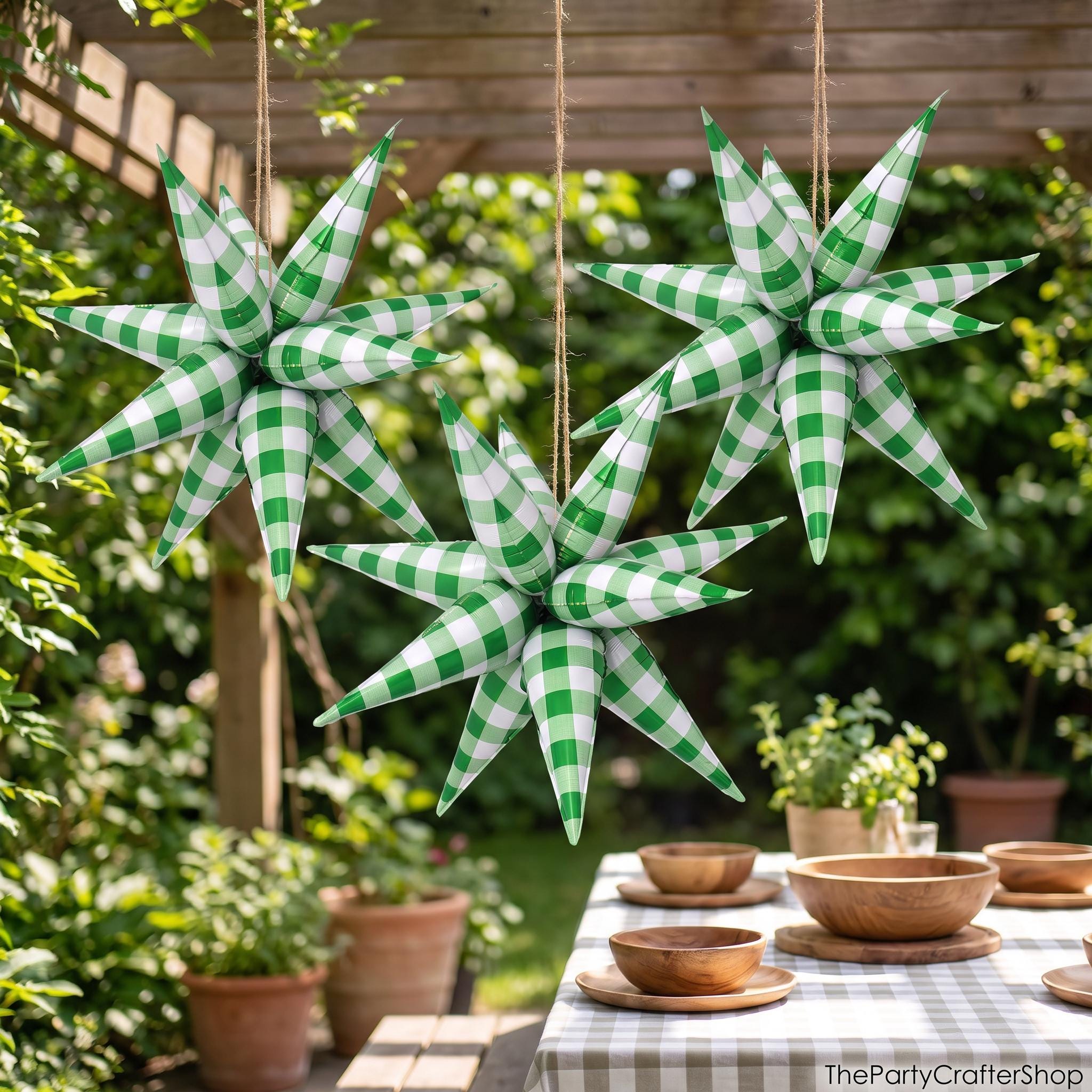 32 Inch Green White Gingham Star Foil Balloon, Picnic Plaid Explosion Balloon, Party Decoration Supplies