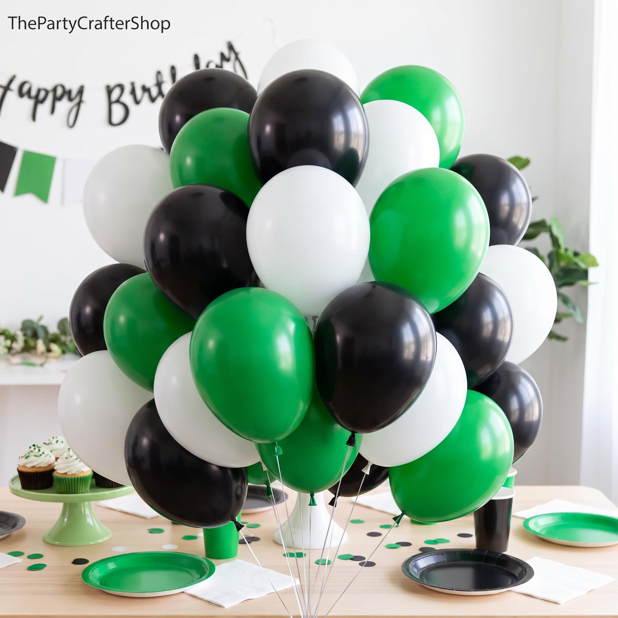 Green Black White Football Latex Balloons, Sports Party Decoration