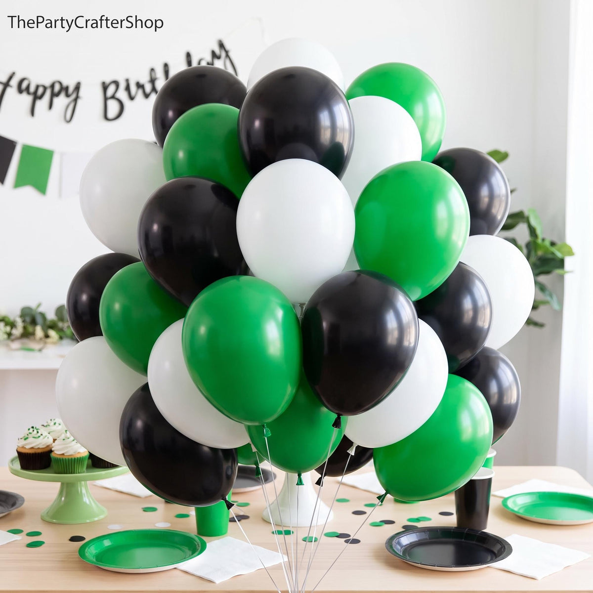 Green Black White Football Latex Balloons, Sports Party Decoration