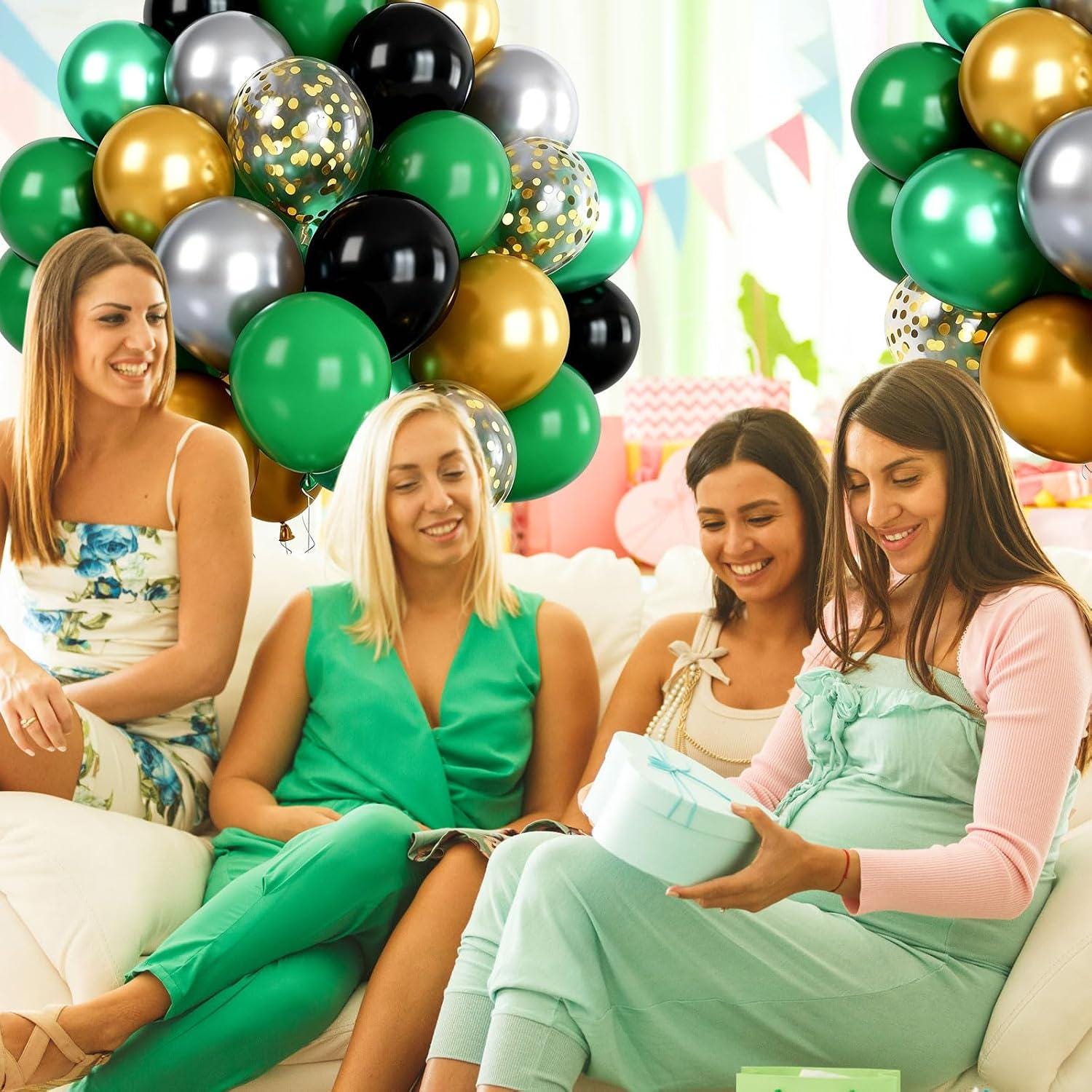 Metallic Silver, Green, Gold Balloons with Confetti, Party Decoration Supplies