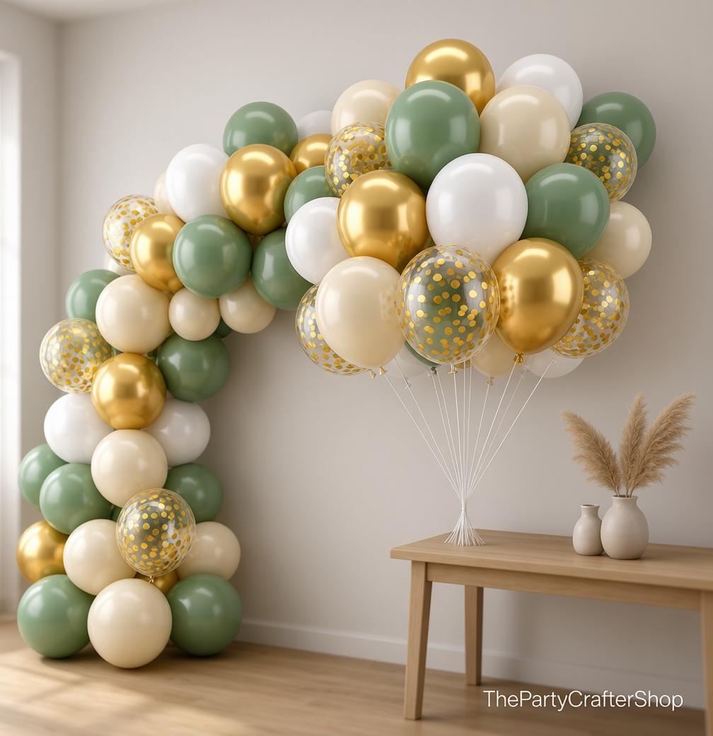 Sage Green Gold Balloon Arch Kit, Olive Metallic Sand Confetti Wedding Party Decor