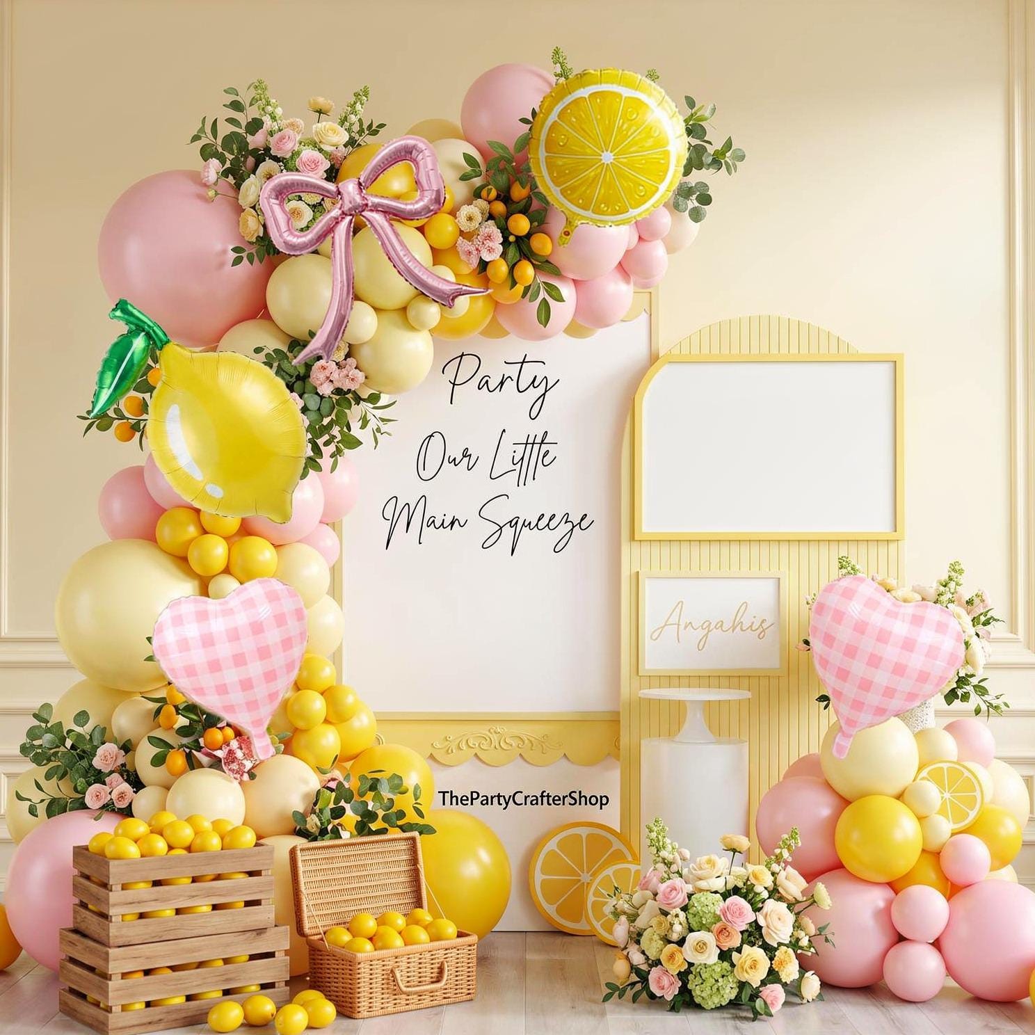 Lemon Balloon Arch Kit | Pink Gingham Heart, Bow, Slice Balloons for Main Squeeze Party