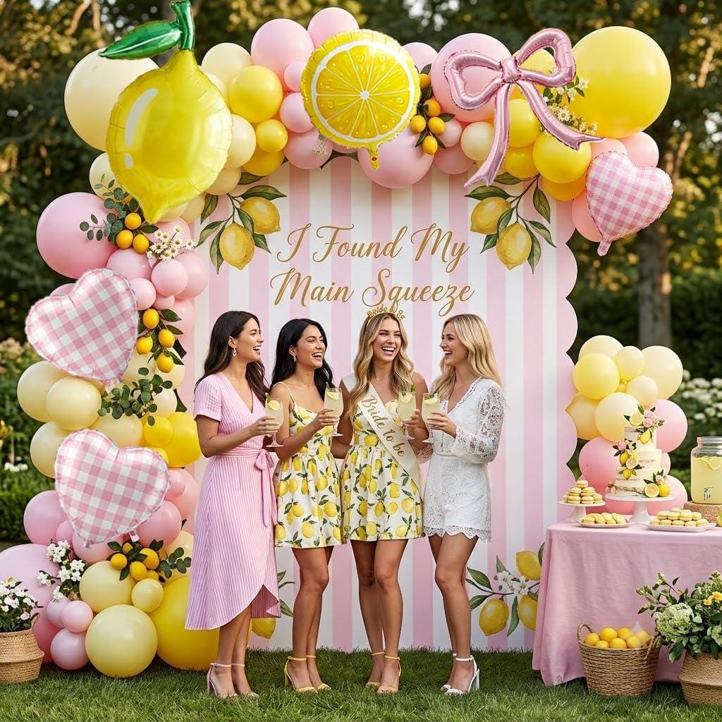 Lemon Balloon Arch Kit | Pink Gingham Heart, Bow, Slice Balloons for Main Squeeze Party