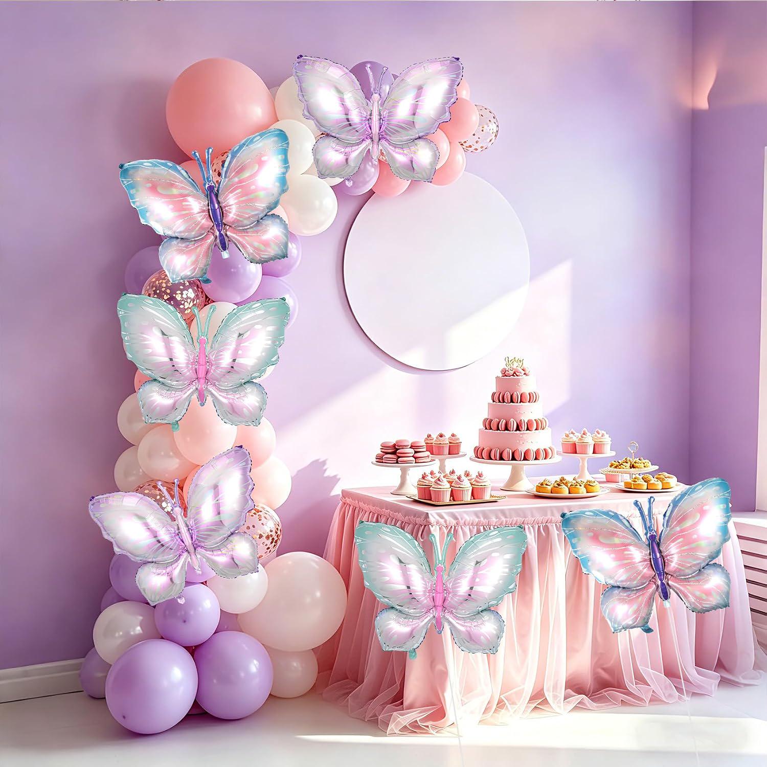 6pc Butterfly Foil Balloons | Purple, Pink, Silver, Blue Mylar Party Decor