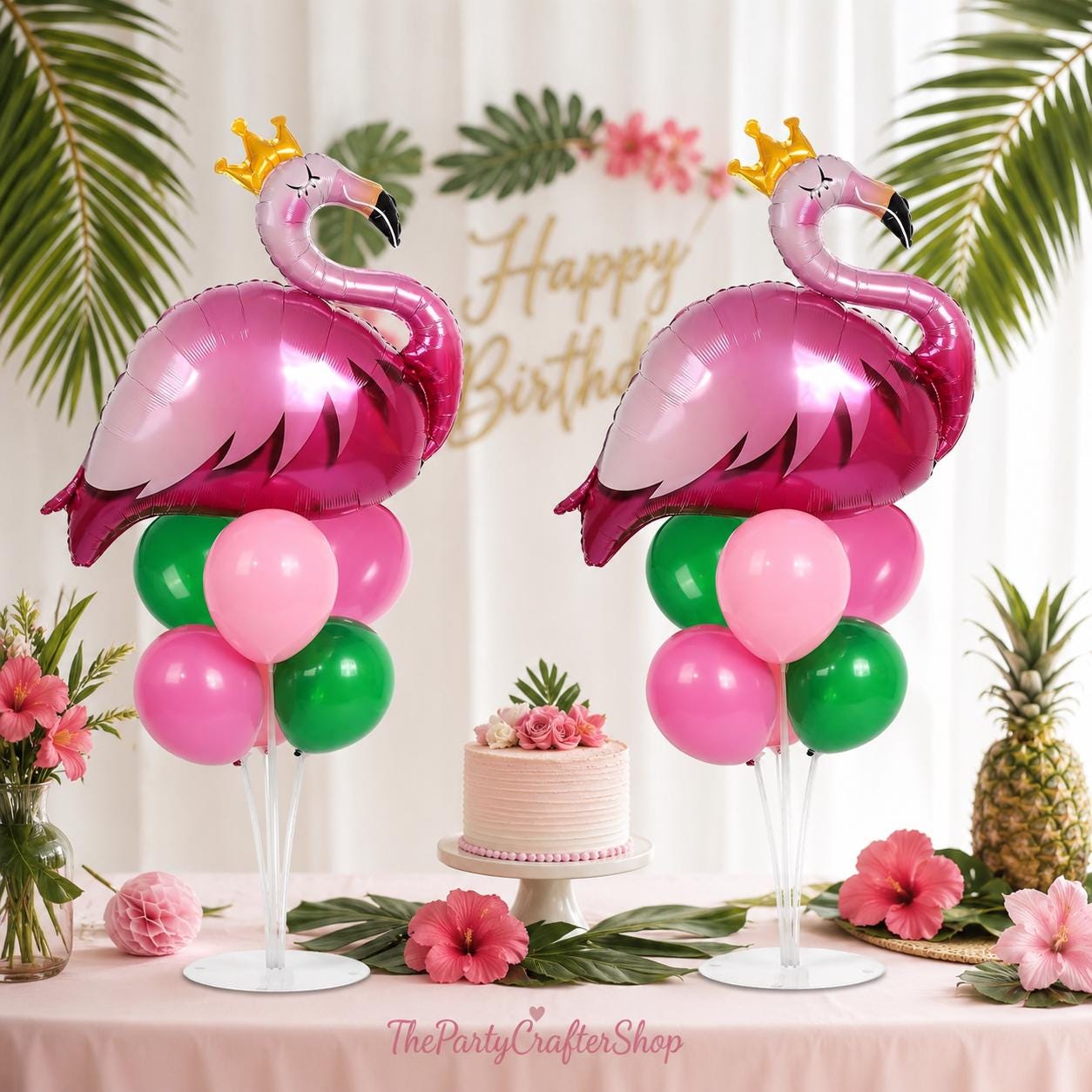 Flamingo Balloon Columns | Pink Green Tropical Party Decor (Set of 2)