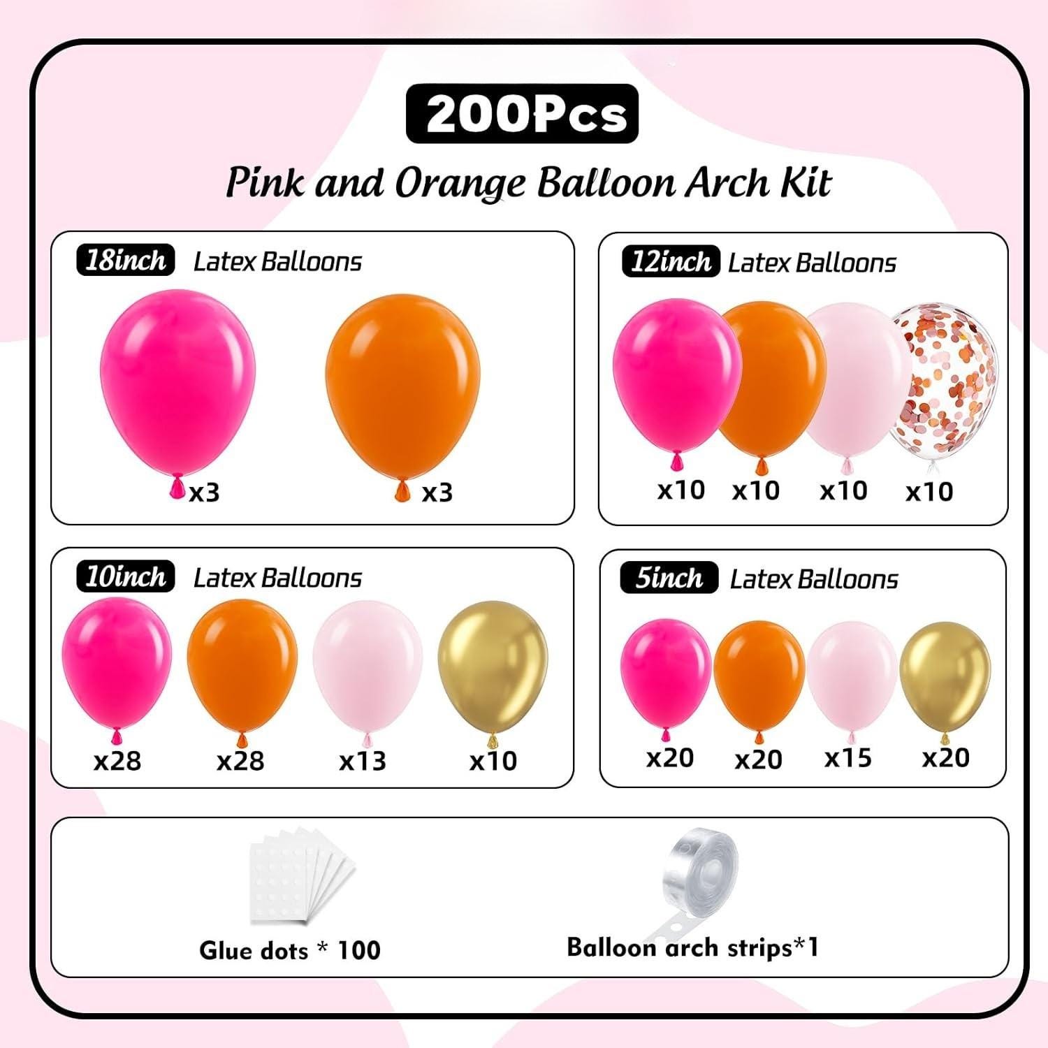 200pc Pink Orange Gold Balloon Garland Arch Kit | Birthday, Baby Shower, Wedding Party Decorations