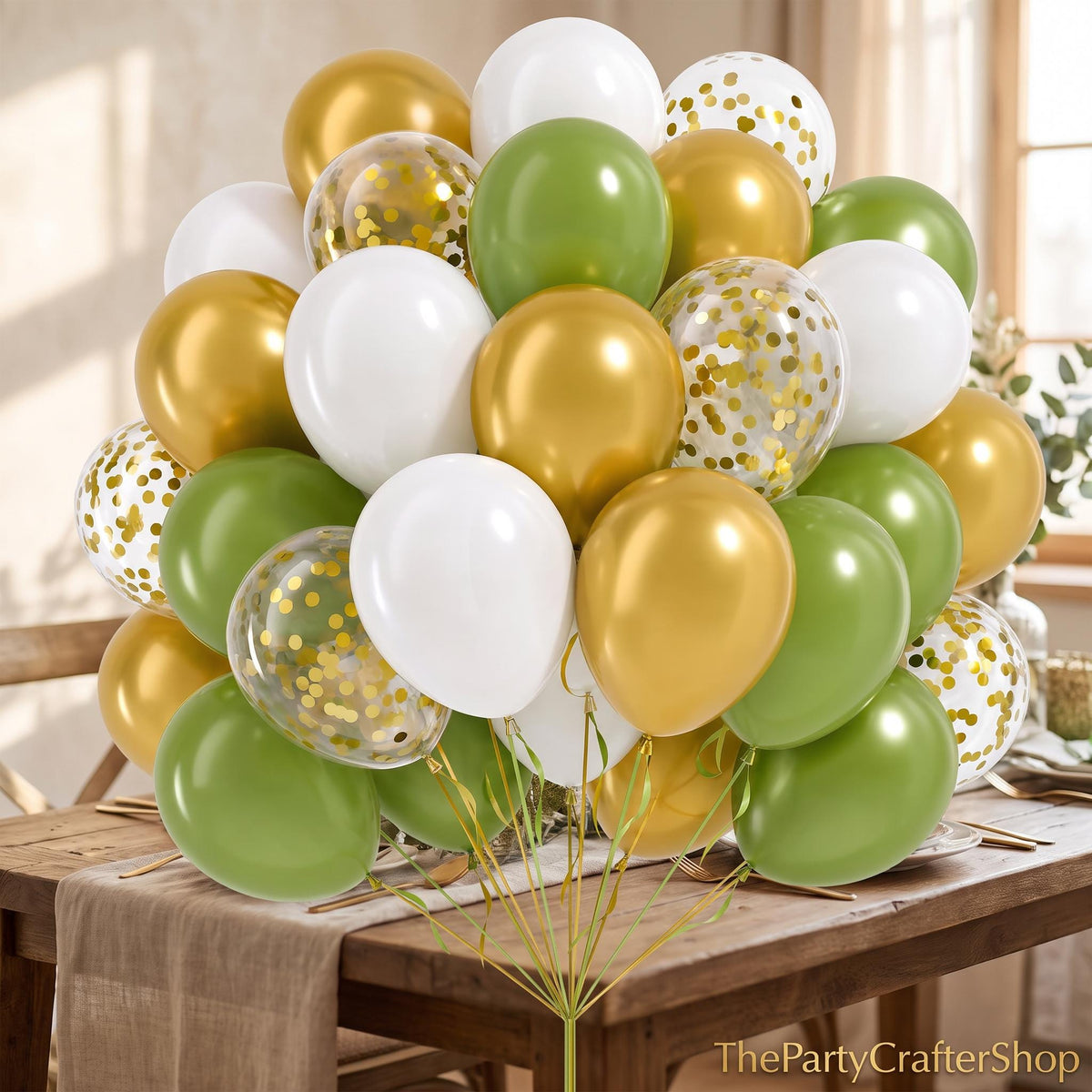 Sage Green Gold White Confetti Balloon Garland Kit, Boho Party Decorations