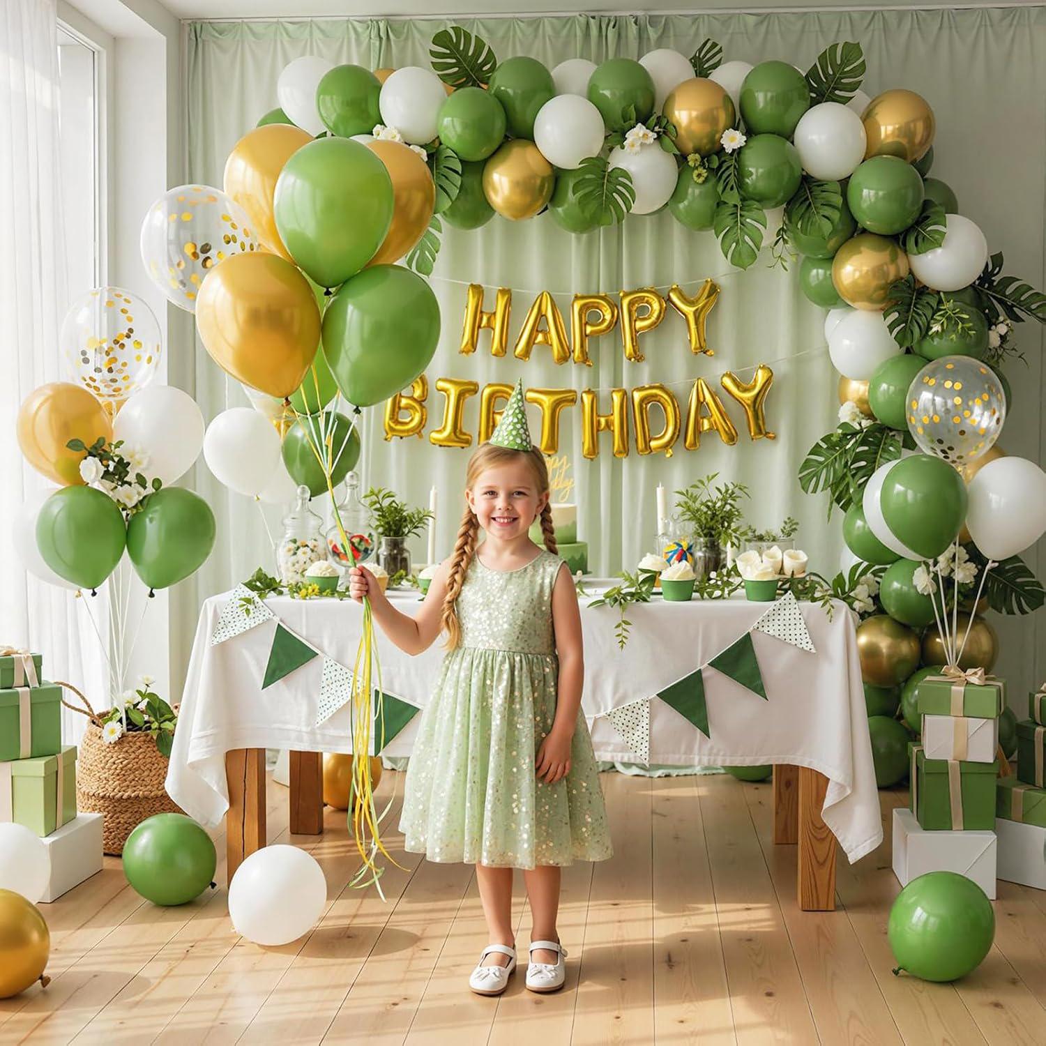 Sage Green Gold White Confetti Balloon Garland Kit, Boho Party Decorations