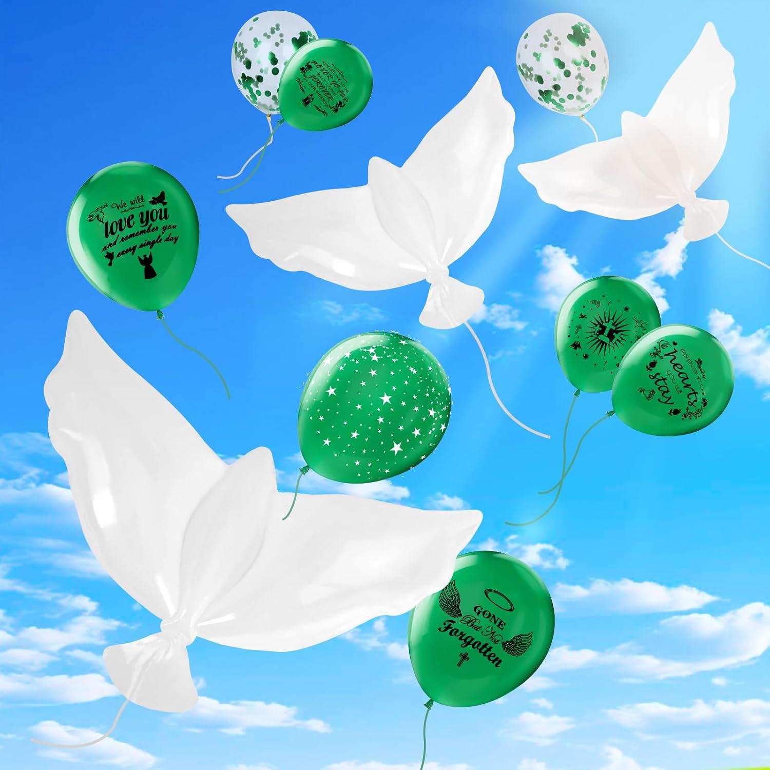 Memorial Dove Balloons, Green Remembrance Celebration of Life Decor