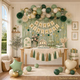 Sage Green Birthday Balloon Arch Kit, Olive Gold Banner, Fringe Curtain Party Supplies